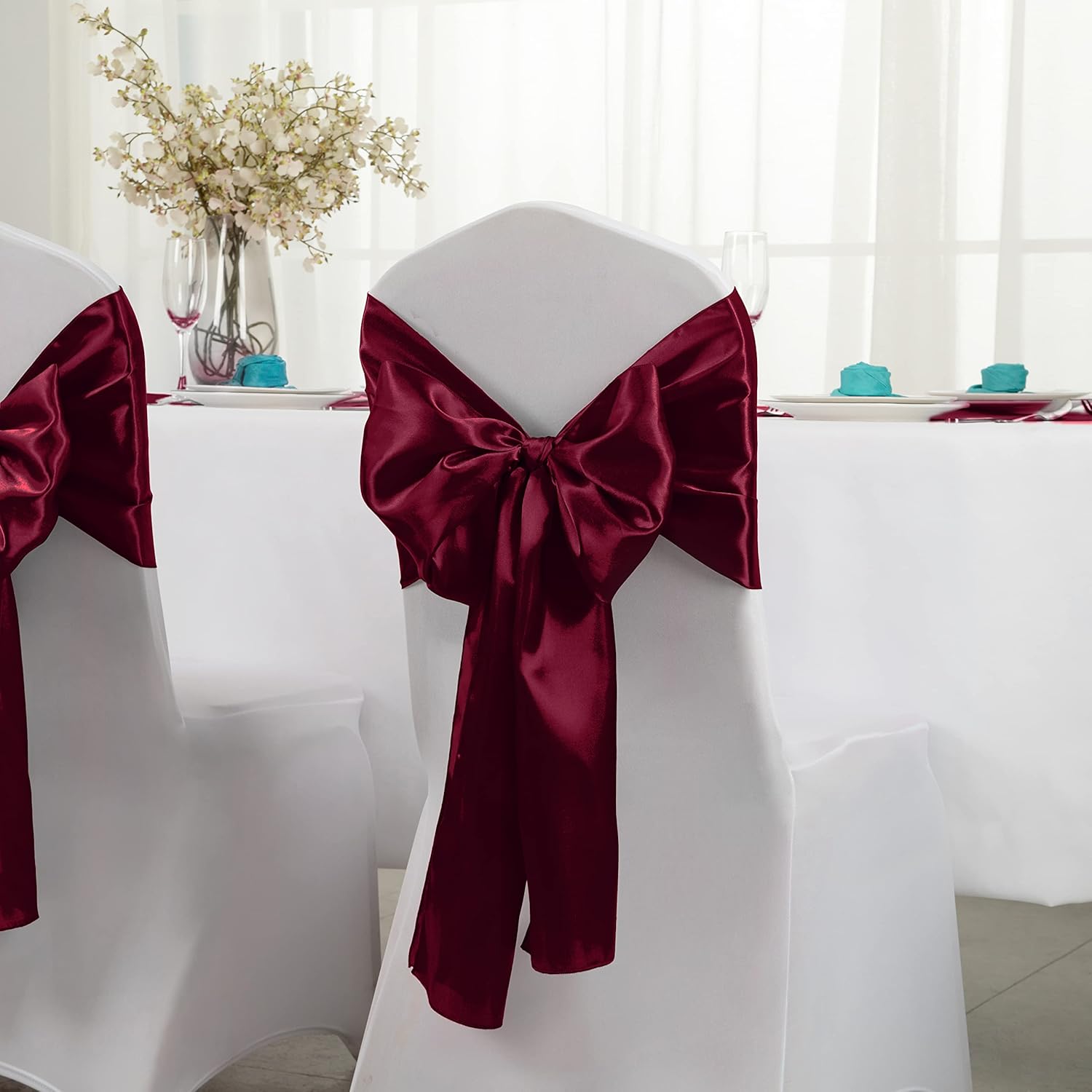 Horbaunal 24 Pack Burgundy Satin Table Runner 12 x 108 Inch, Smooth Table Runners for Wedding Banquets Birthday Party
