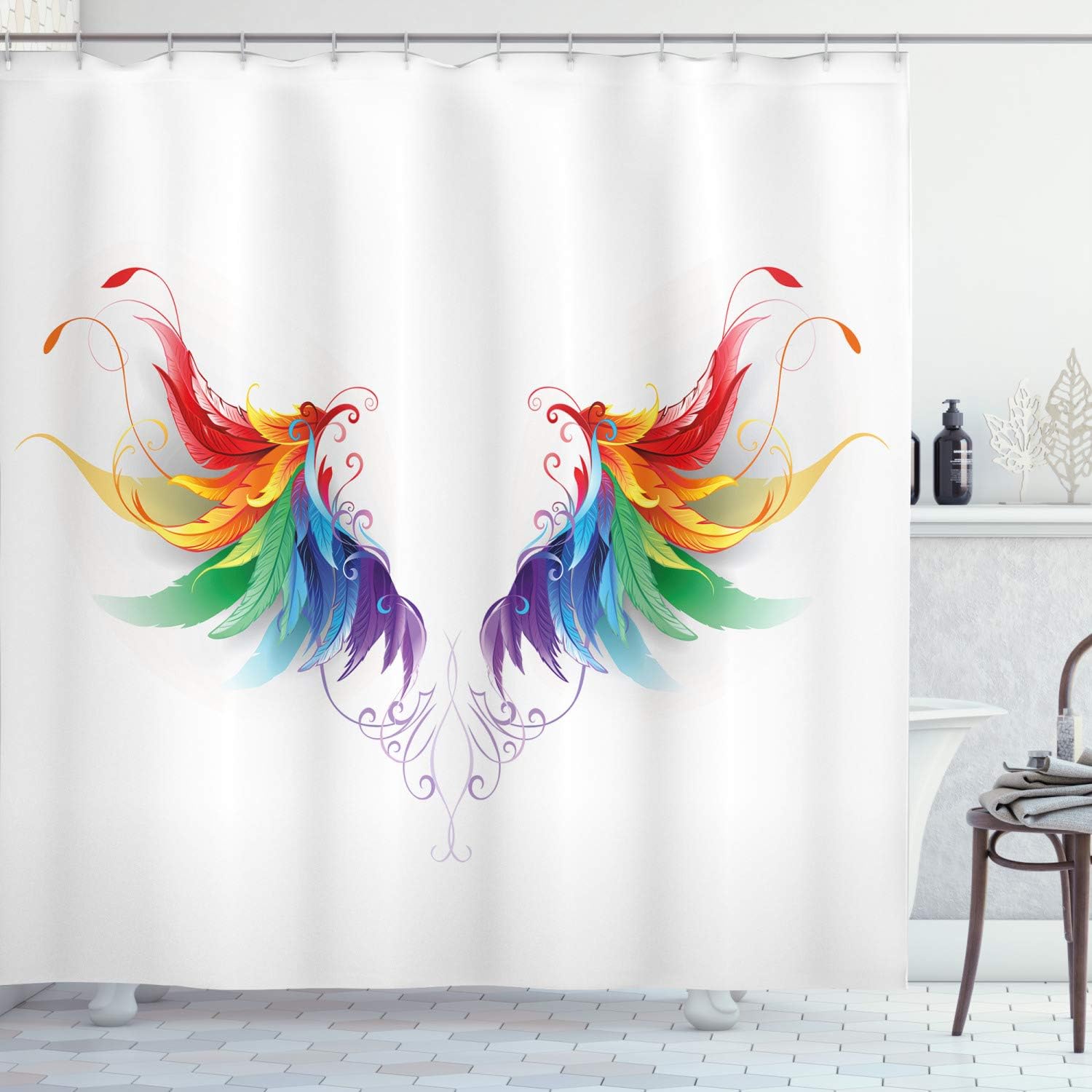 Ambesonne Rainbow Shower Curtain, Realistic Looking Feathers in Rainbow Color Forming Wings Flight Angels Symmetrical, Cloth Fabric Bathroom Decor Set with Hooks, 69" W x 75" L, Red Purple