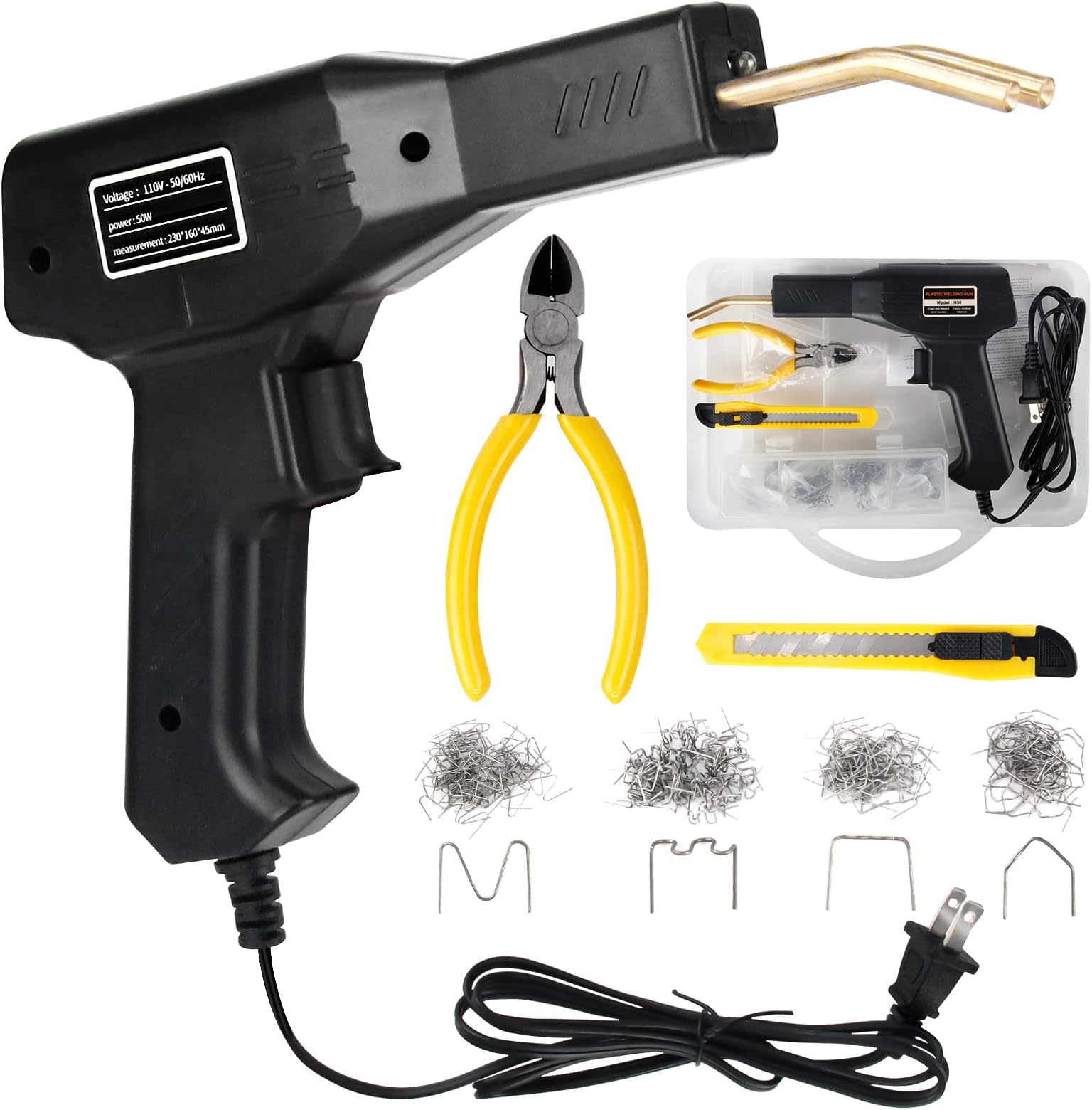 50W Plastic Welder,Hot Stapler Plastic Welding Machine,Handy Hot Staple Gun Car Bumper Repair Kit,Bodywork Fender Fairing Welding Systems Include 4 Types Hot Wave Flat Staples (Black)