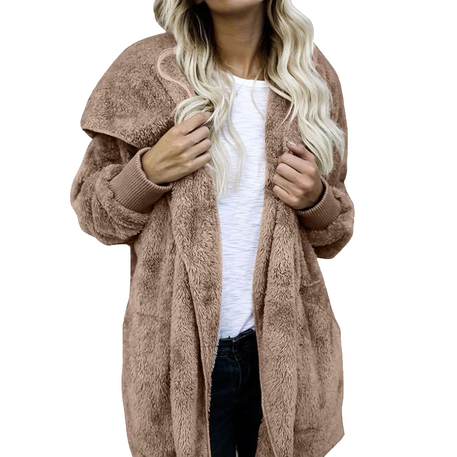 Oversized Long Cardigans for Women Trendy Soft Hooded Open Front Cardigan Fuzzy Fleece Jacket Winter Coat with Pocket