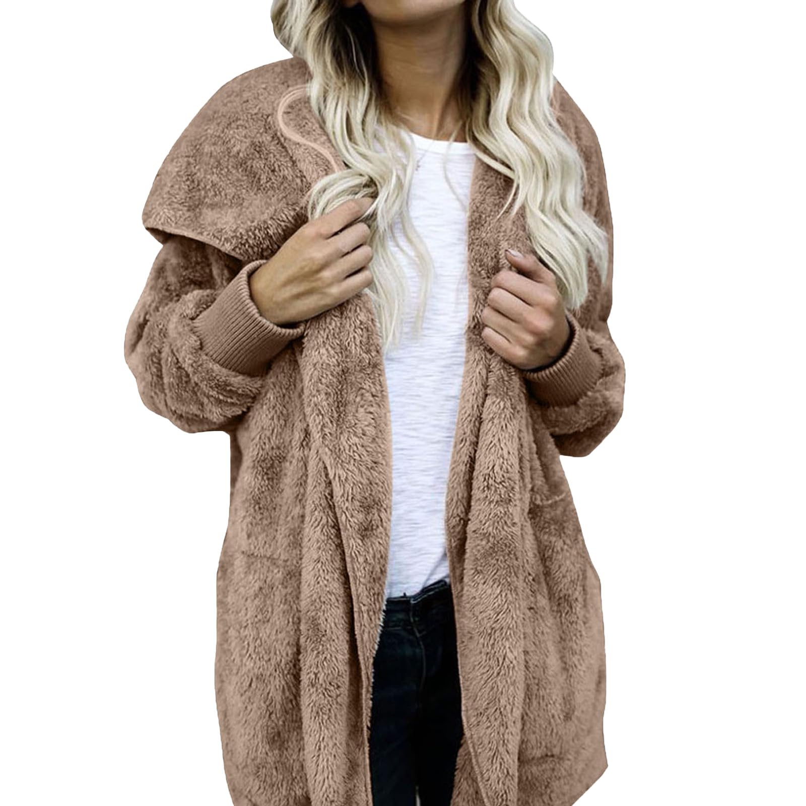 Oversized Long Cardigans for Women Trendy Soft Hooded Open Front Cardigan Fuzzy Fleece Jacket Winter Coat with Pocket