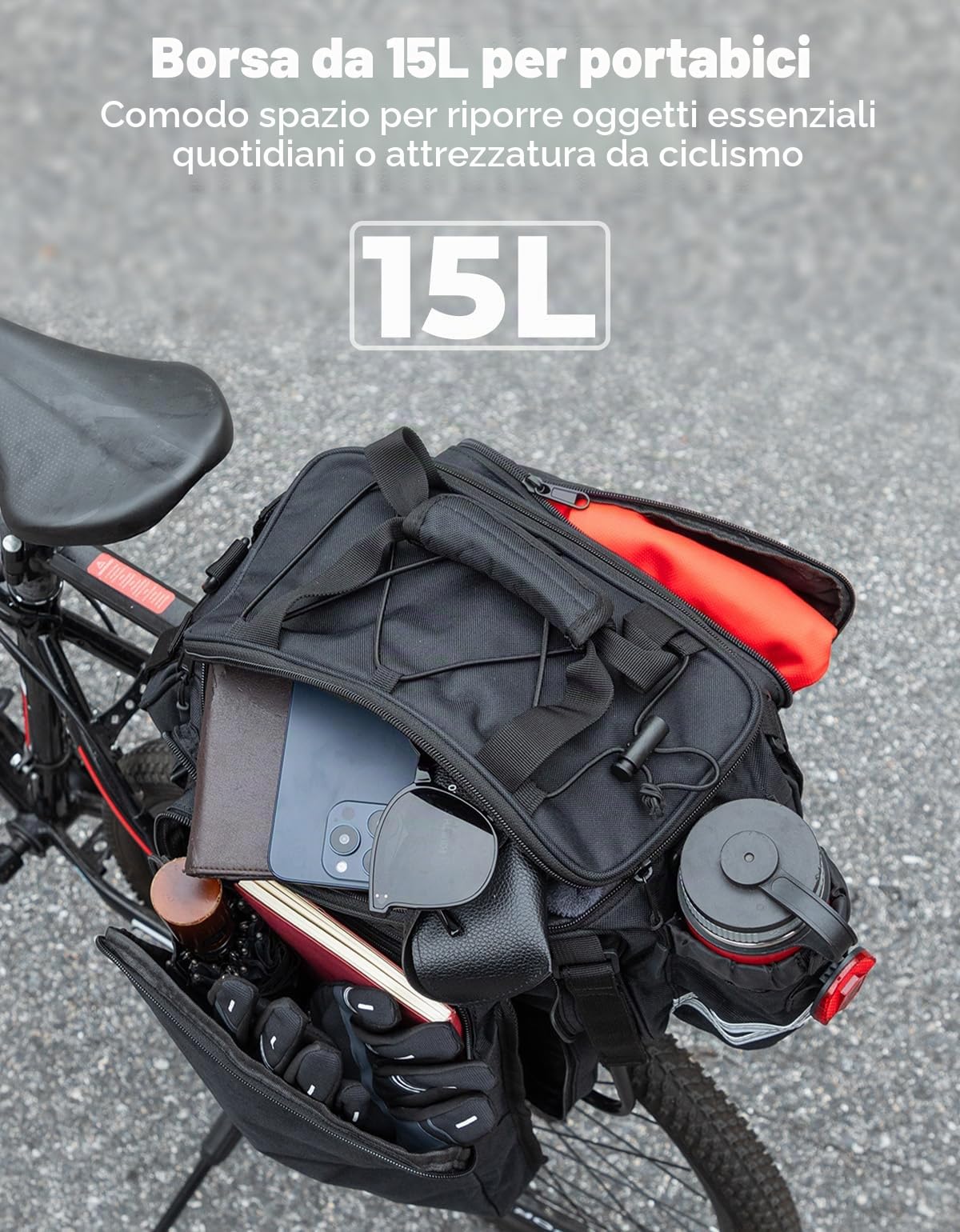 KEMIMOTO 2 IN 1 Borse per Bici, 9L-15L Borse Bici Posteriore Laterali Espandibile con Tracolla, Borsa per Bicicletta Impermeabile con Copertura Anti-Pioggia per Strada Bike Mountain Bike, Nero
