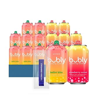 Bubly - Lavinia Essentials Bundle 16-Pack of Bellini + Sunset Flavored Sparkling Water 12 fl oz On-the-Go Aluminum Can + 1 Utility Prop.
