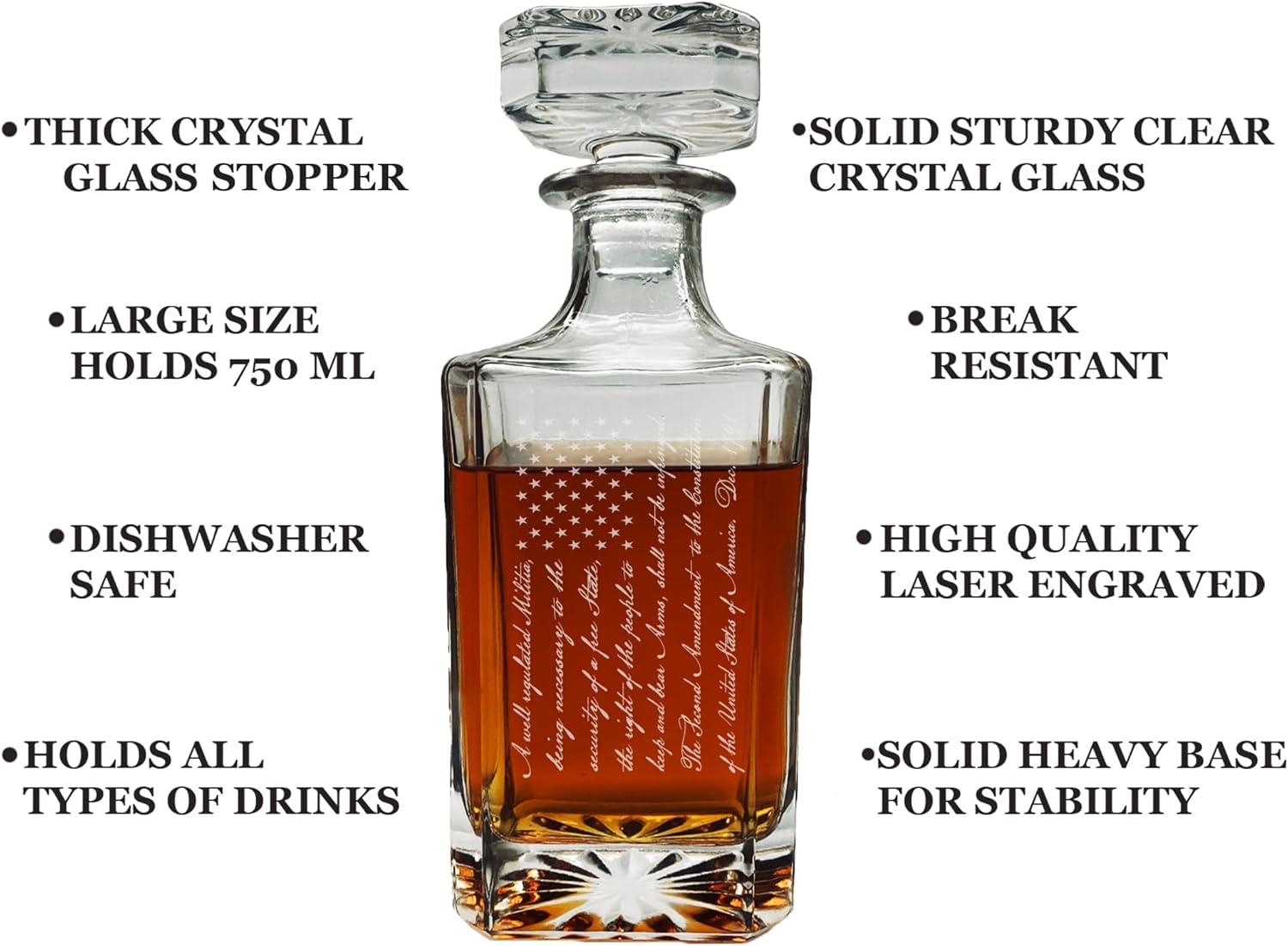 Rogue River Tactical 2nd Amendment American US Flag USA Patriotic Whiskey Decanter With Airtight Glass Stopper Custom Gift for Men Dad Veteran Father's Day