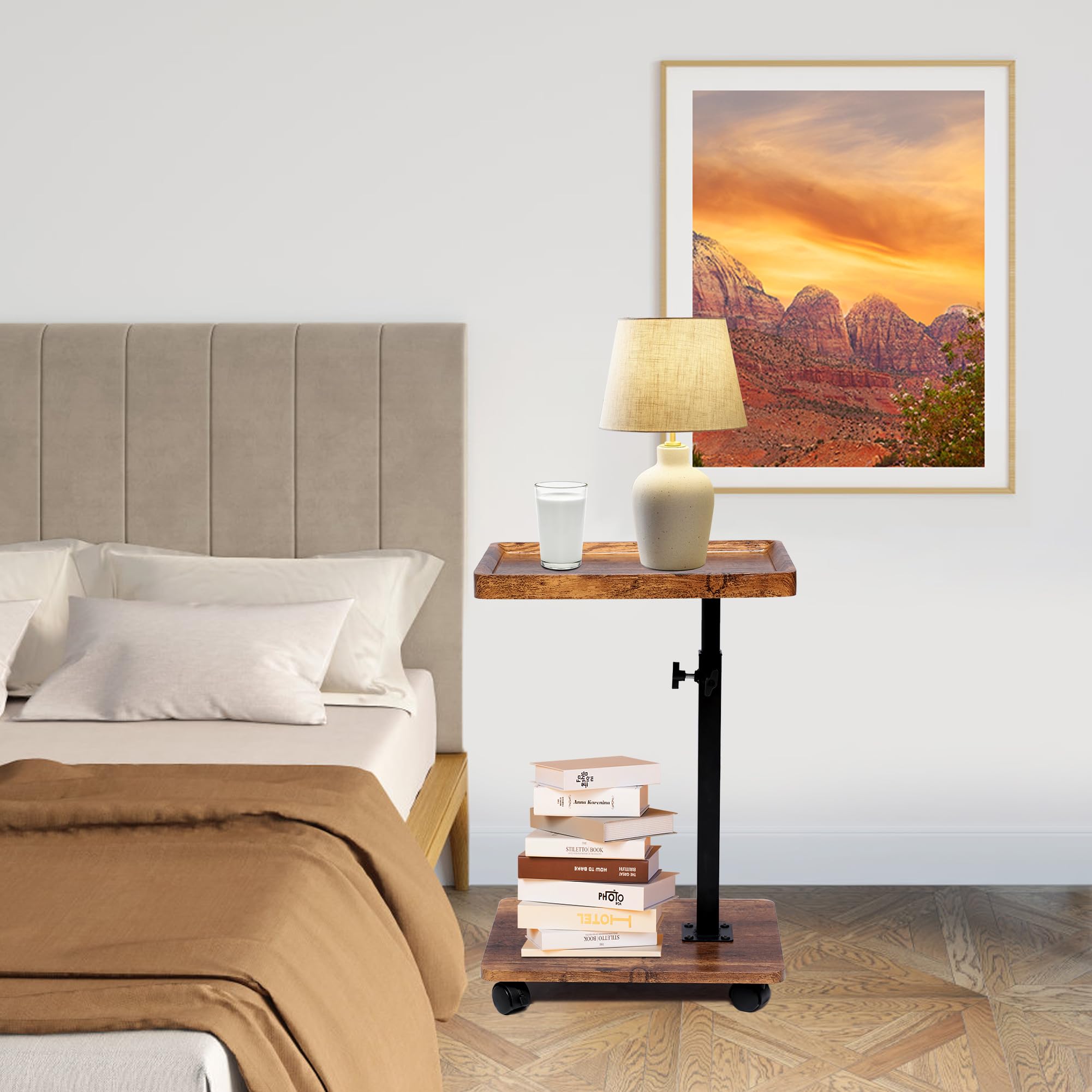 Tavolino da Divano - Tavolino Divano Rotazione 360° e con Ruote - Tavolini da Divano Regolabile Altezza (45-80CM) - Tavolino a Forma di C da Divano e Letto per Soggiorno e Camera da Letto