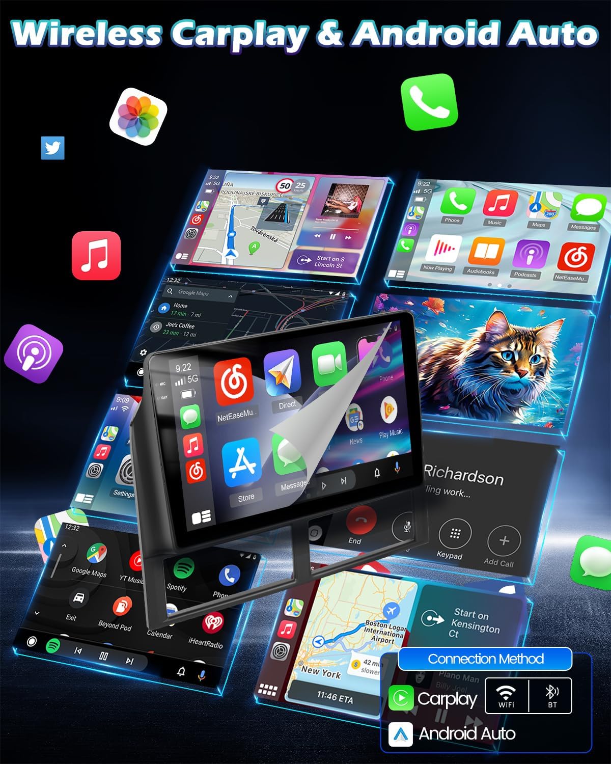 Multiple smartphone screens displaying Wireless CarPlay and Android Auto interfaces, with connection methods shown.