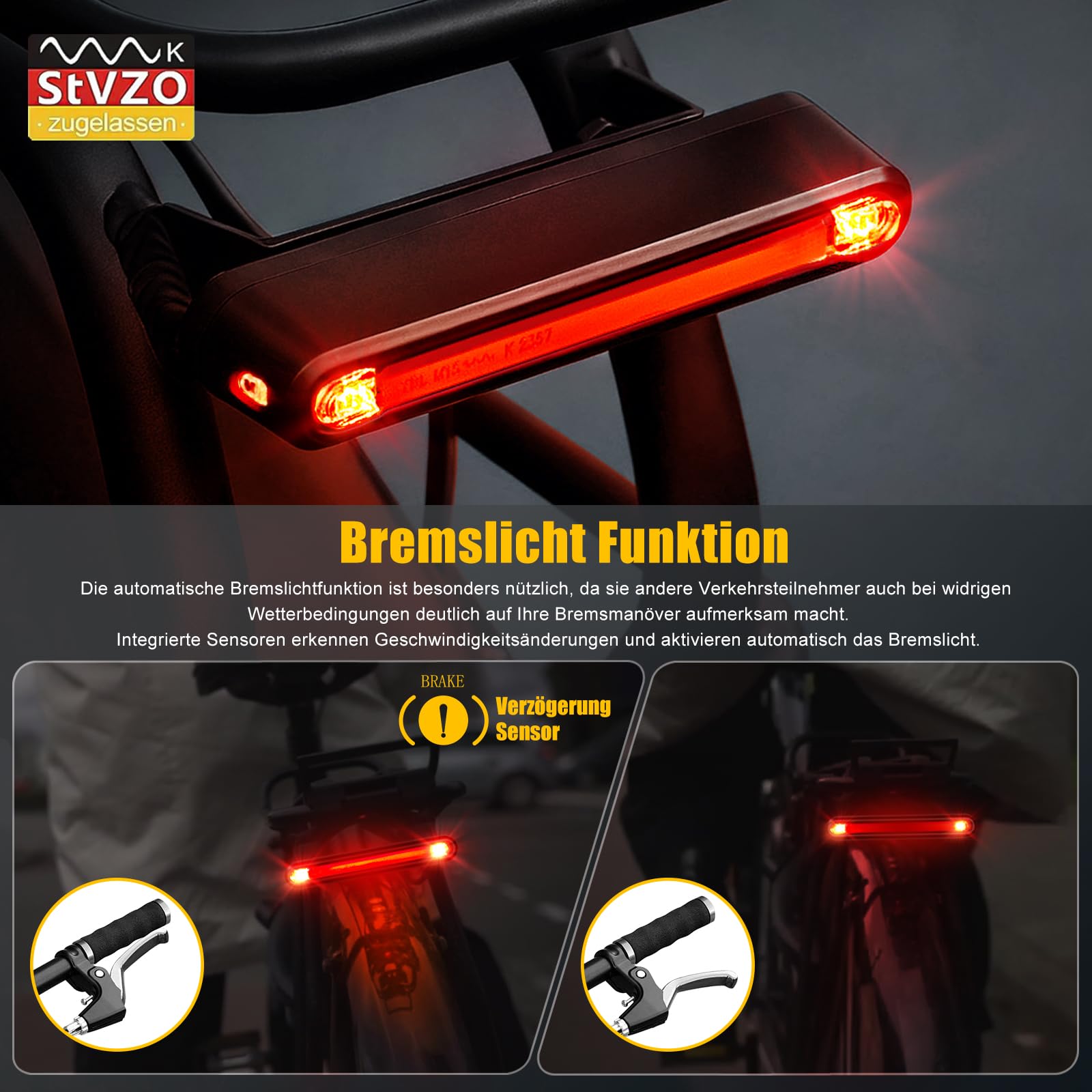 Ebike Feu arrière LED 6-12 V avec feu de freinage, homologué StVZO pour vélo électrique, étanche IPX5, avec câble, sûr et fiable