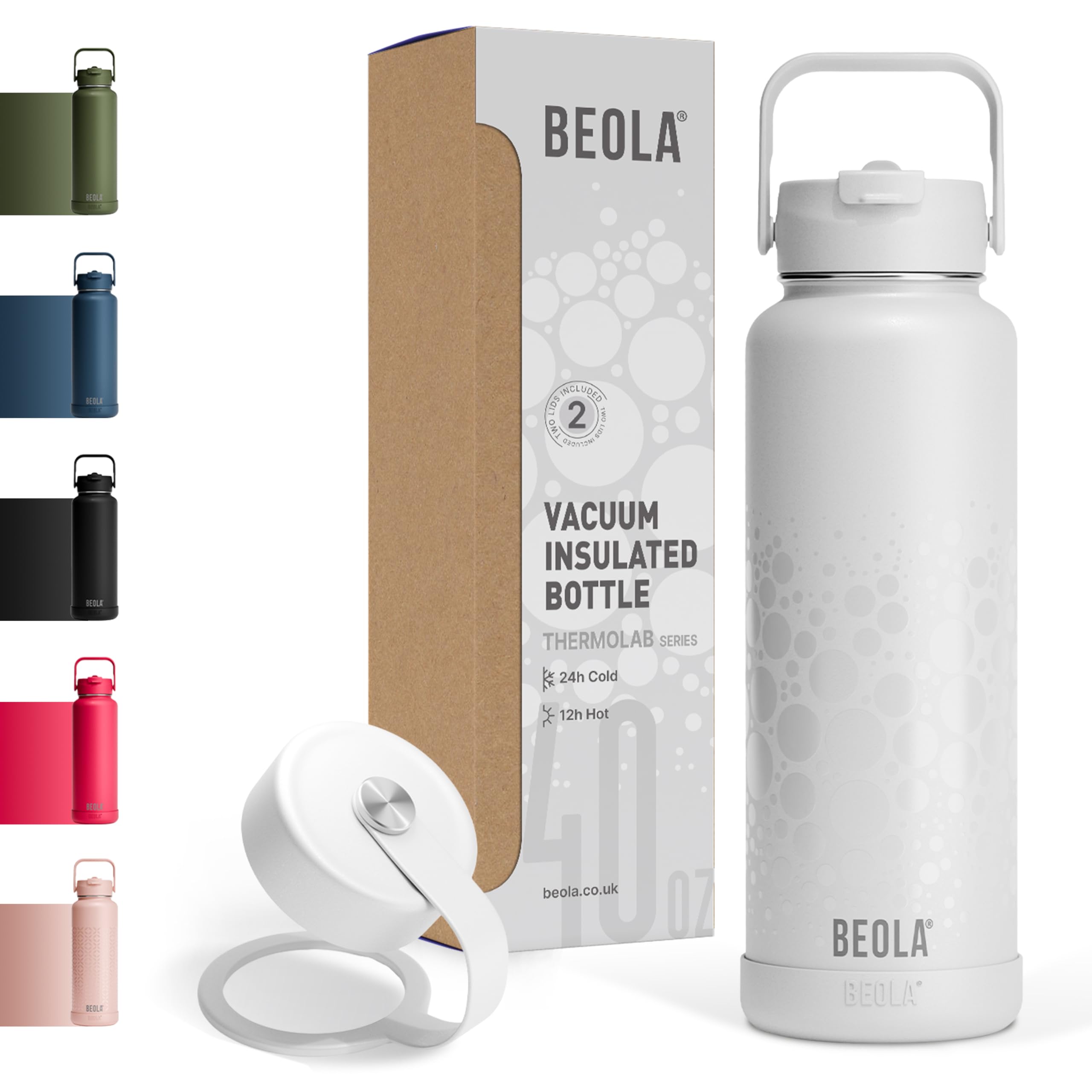 BEOLA 1200ml Vacuum Insulated Water Bottle, Double Wall 304 Stainless Steel Thermos Bottle with wide mouth, 2 lids, Hot Cold Water Flask, Large Sports Bottle with straw lid, 40oz (Sparkling White)