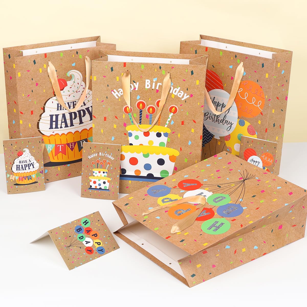 Dimetey 4pcs 13'' Happy Gift Bags in 4 Designs, Includes Greeting Cards, Large Paper Bags with Handles, Ideal for Kids, Adults Birthdays