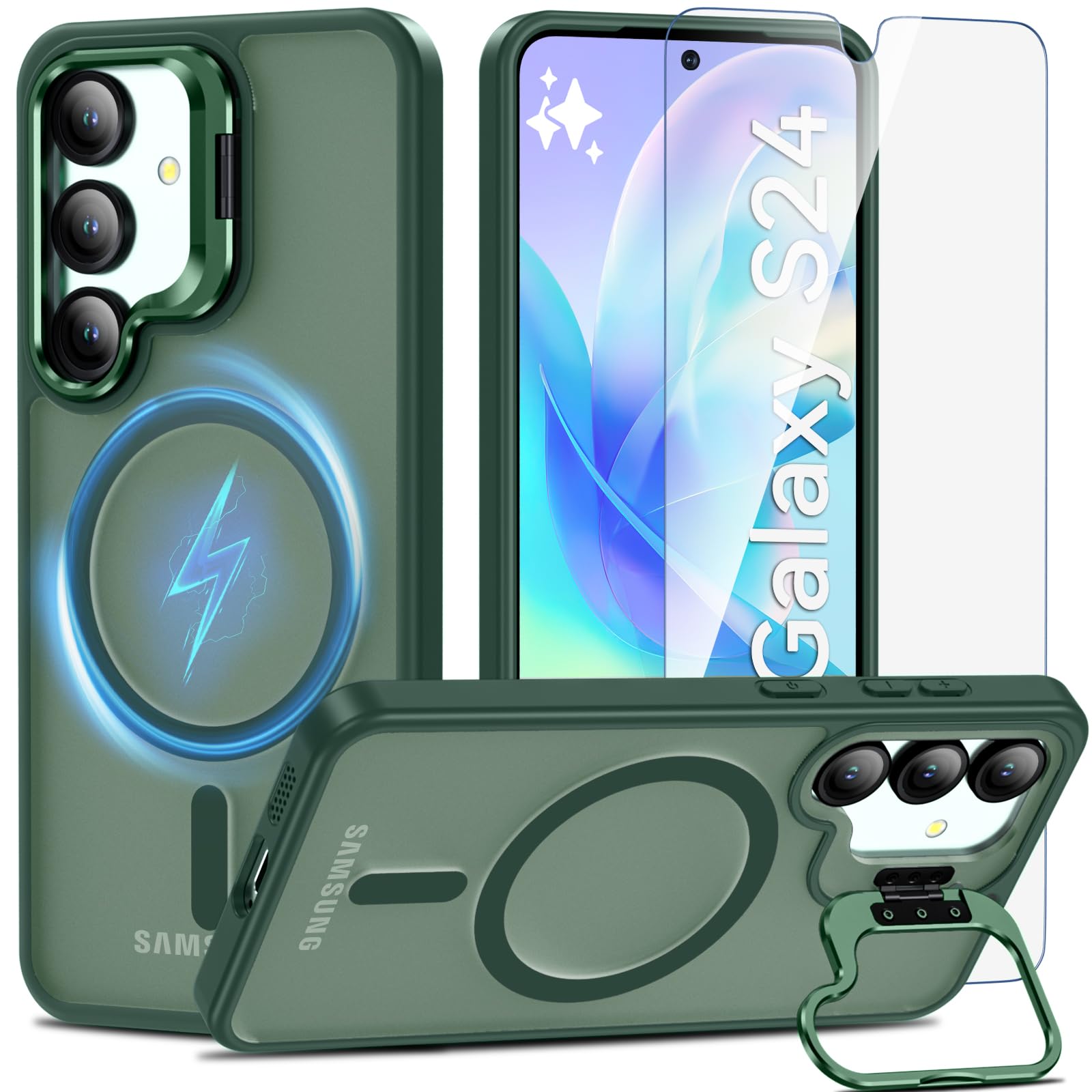 Fin2feel for Samsung Galaxy S24/S25 Case 6.2inch, with Tempered Glass Screen Protector, Magnetic [with Camera Stand Guard] Shockproof Translucent