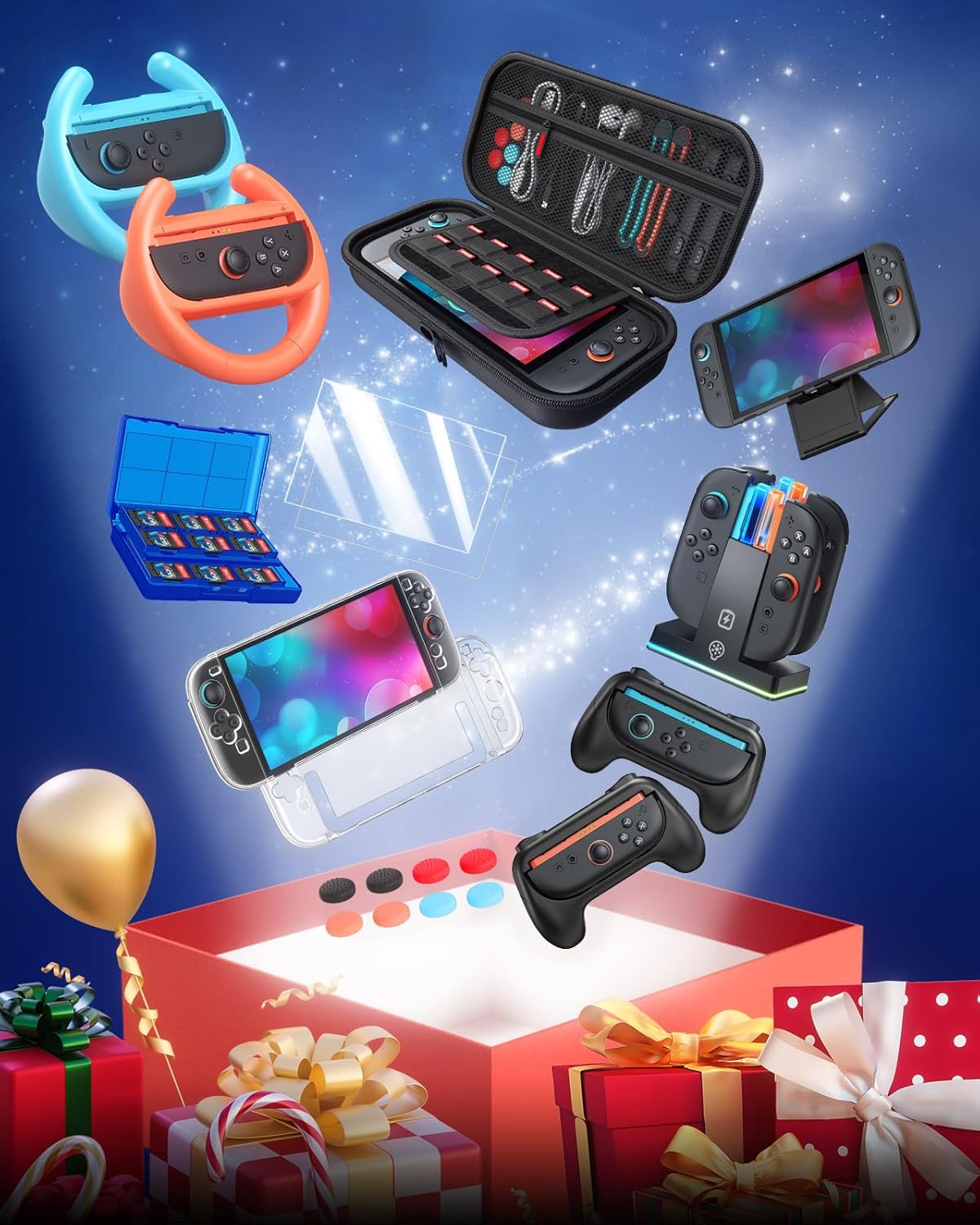 Switch 2 Accessories, [Charge Inside]Case Bundle for Nintendo Switch 2 2025 Console, FYOUNG 23 IN 1 Kit:Carrying Case,Controller Charger,Protective Shell,Grip for Joycon, Steering Wheel for Mario Kart