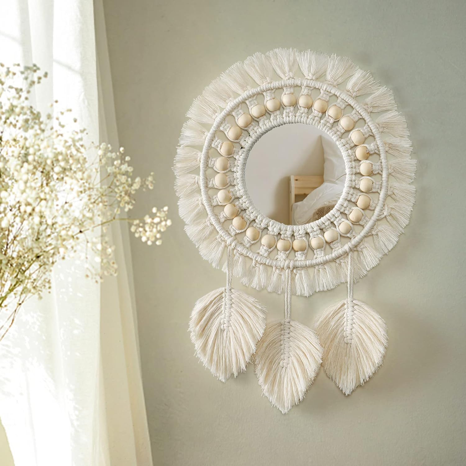 MOS HANDICRAFT Hanging Wall Mirror with Macrame Fringe Round Decoration Boho Antique Mirror with Wood Beads Feather Pendantfor Apartment Living Room Bedroom Baby Nursery. (Off - White) (B0CZXYQYTR) Amazon Price History, Amazon Price Tracker
