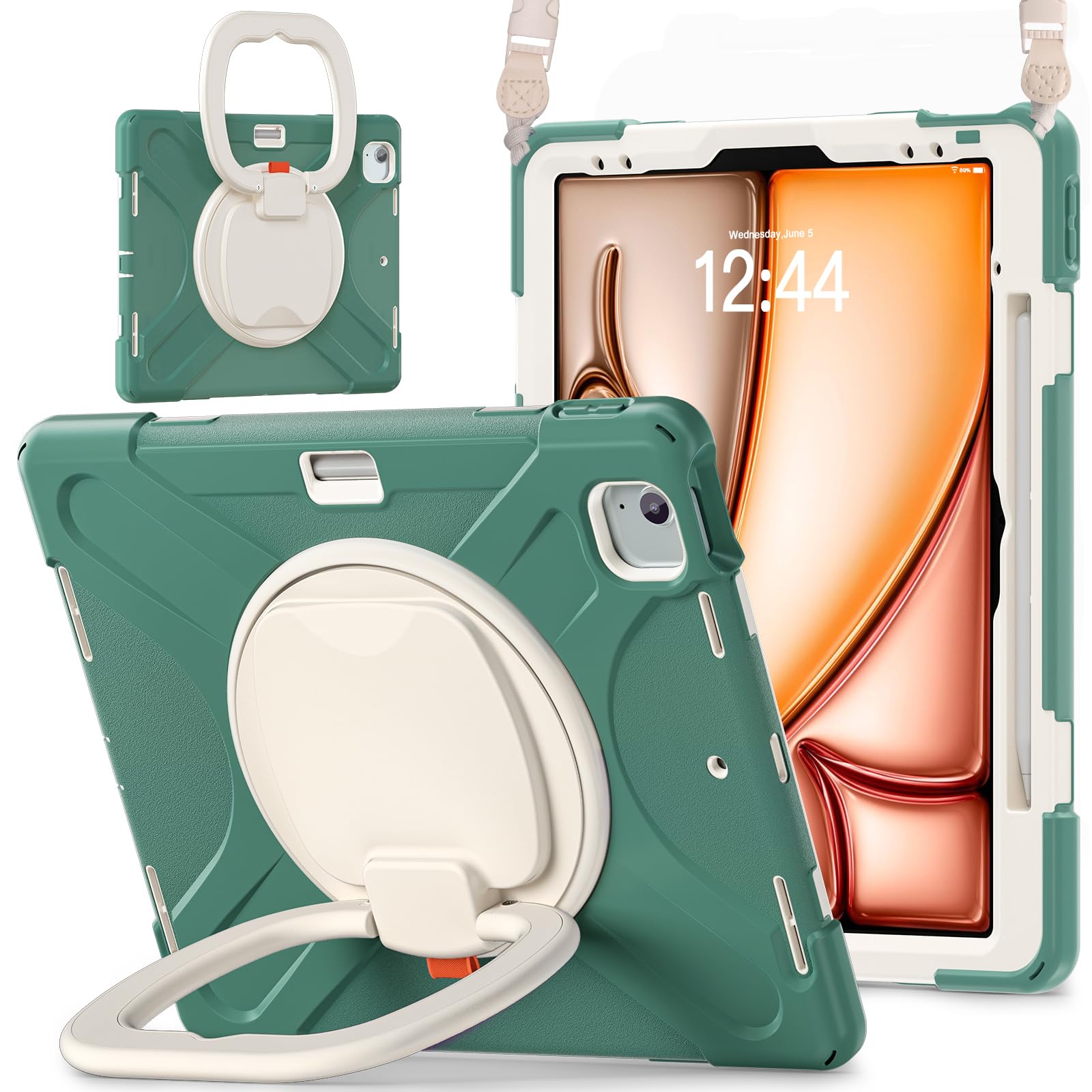 Batianda Case for iPad Air 13 inch 2025 M3 2024 M2 Chip Heavy Duty Rugged Durability Silicone Tablet Cover with 360° Rotating Ring Foldable Kickstand