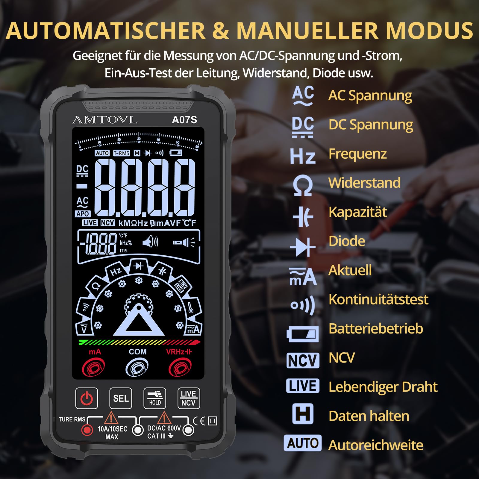AMTOVL Digital Multimeter 6000 Zählungen USB-C Wiederaufladbar TRMS Farbbildschirm mit Messleitungen für AC/DC Spannung Strom Kapazität Tester NCV Temperatur