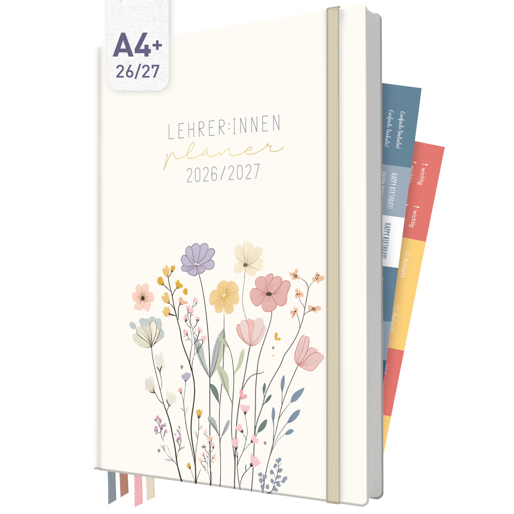 Häfft® Lehrerplaner 2026/2027 im A4+ Format - Großer Lehrerkalender & Schulplaner für das Schuljahr 26/27 – Hardcover mit 4 Lesebändchen, Notenlisten & Stickern "Flower Joy"