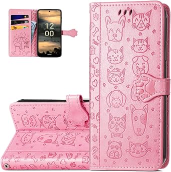 Wallet Phone Case for Nokia XR21,Cute Cartoon Cat Dog Pattern PU Leather Case with Magnetic Clasp and Cash Card Slots Holder Cover for Nokia XR21,CD Pink