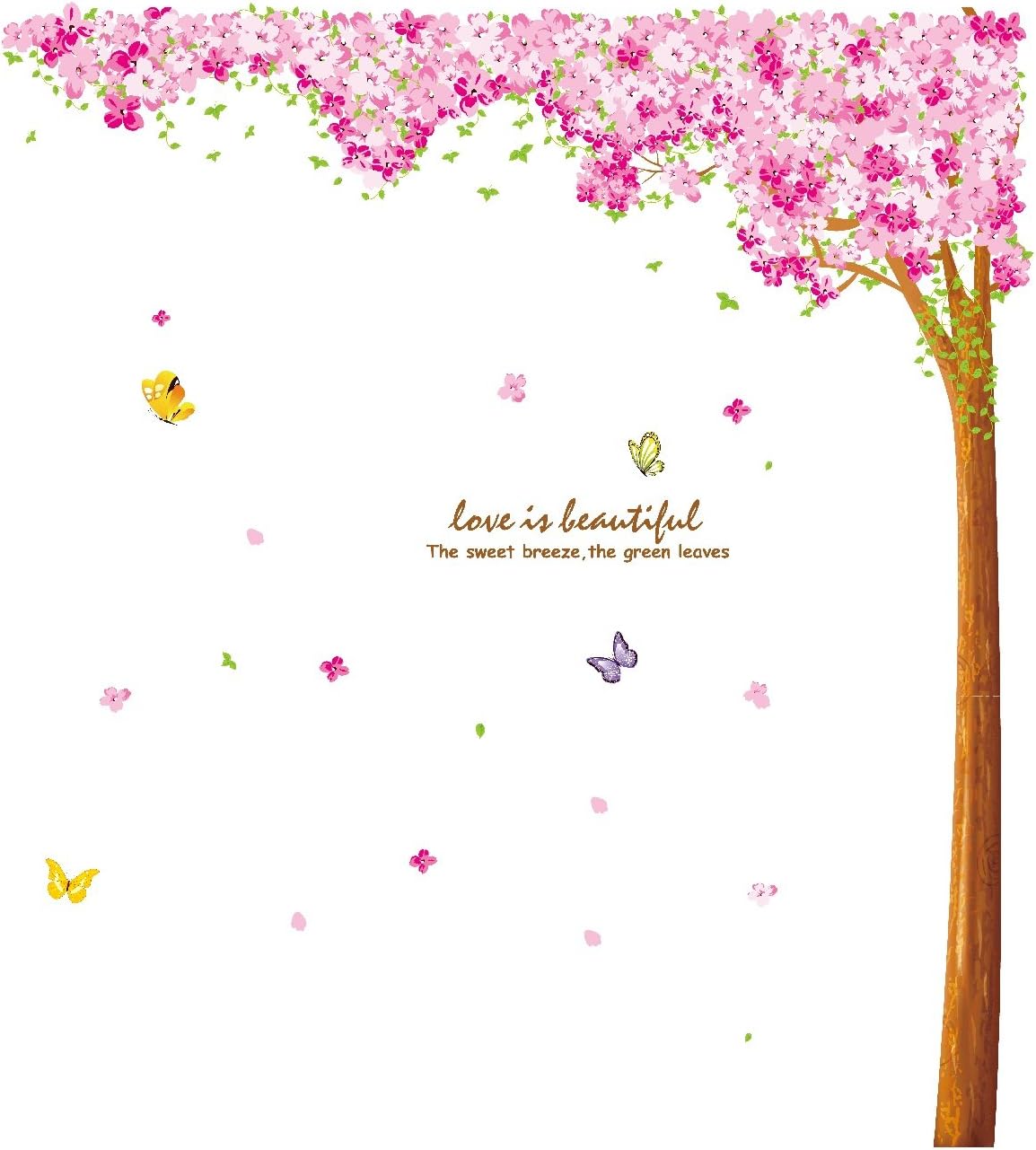 Large Pink Sakura Flower Cherry Blossom Tree Wall Sticker Decals PVC Removable Wall Decal for Nursery Girls and Boys