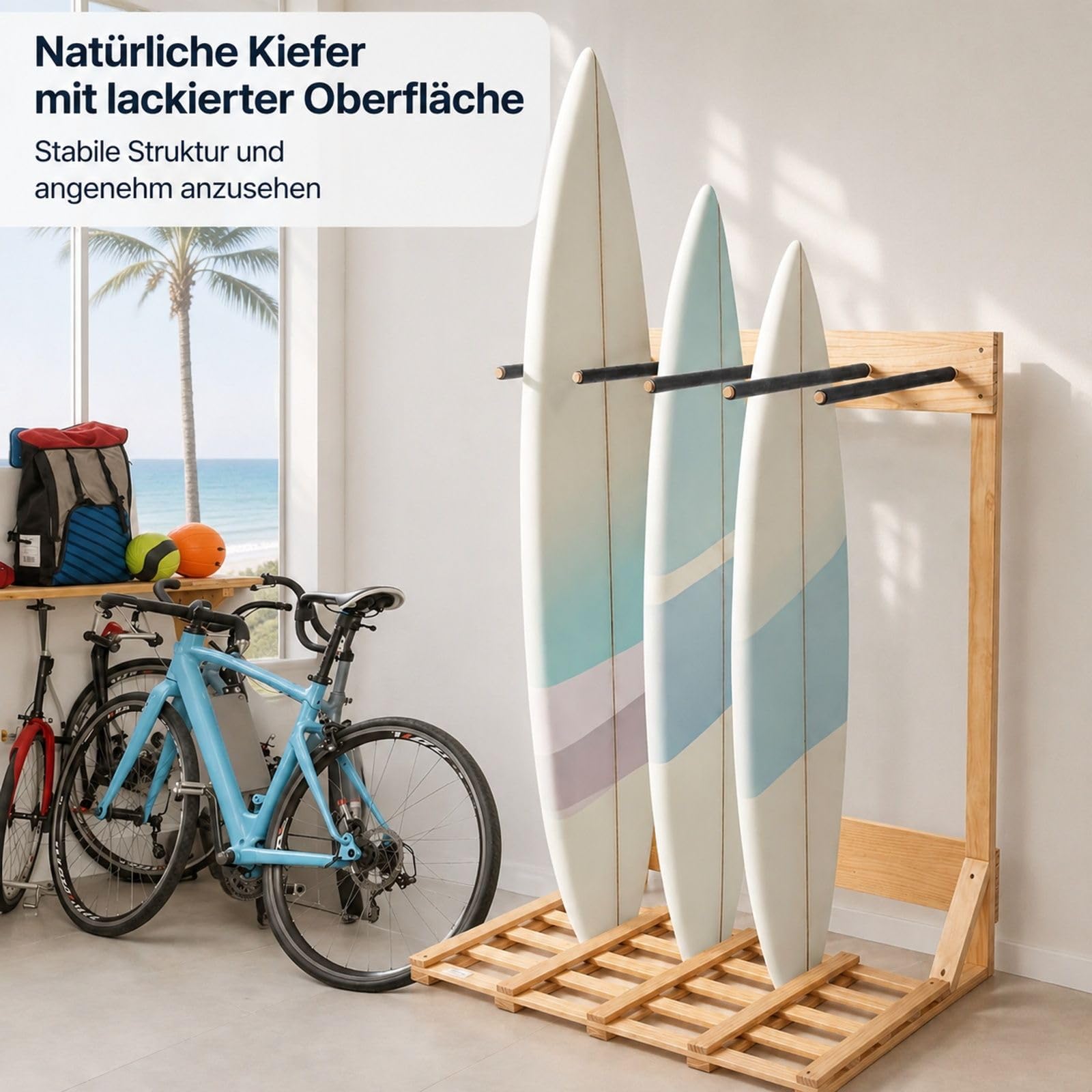 Vertikaler Surfbrettständer aus Holz, freistehendes 4-stufiges Boardregal zur Aufbewahrung und Präsentation für Snowboards, Wakeboards, Kitesurfs, Shortboards und Skier