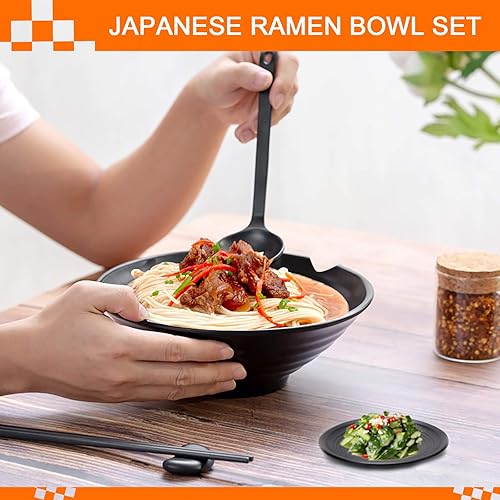 Miniatura 4 de Vivimee Juego de 2 tazones de ramen irrompible estilo japonés, 37 onzas, grandes cuencos y cucharas de melamina mate con palillos y platillos para