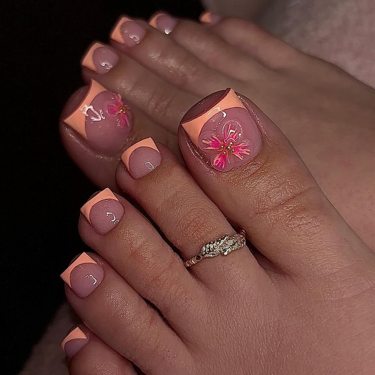 24Pcs Yellow French Tip Press on Toenails Square Short Fake Toe Nails 3D Pink Flower False Toenails Acrylic Artificial Nude Nail Supplies Full Cover