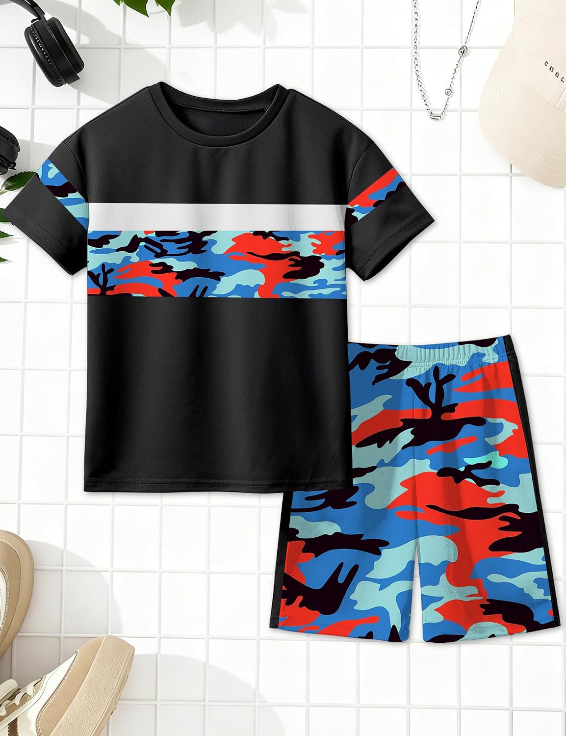 Boys Summer Outfits Color Block Short Sleeve T-shirt and Camouflage Shorts Set 2PCS Clothes for Boys 5-14Y