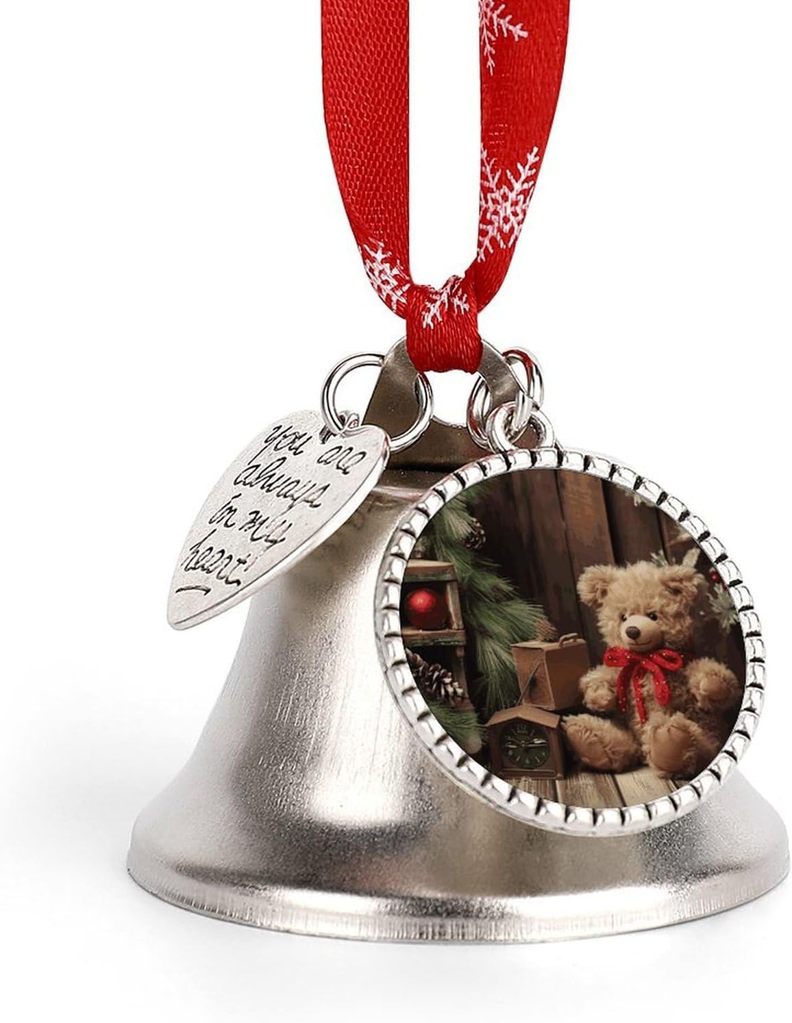 Xmas Tree Branch Bear Doll Bell Ornament Red Ribbon for Christmas Tree Holiday Decoration Personality Believe Bell Ornaments Sleigh Bells for Winter New Year Party Supplies
