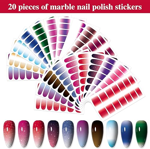 Vista 2 de 20 hojas de 280 tiras de esmalte de uñas degradadas para mujeres, calcomanías completas de esmalte de uñas con purpurina, tiras adhesivas con lima