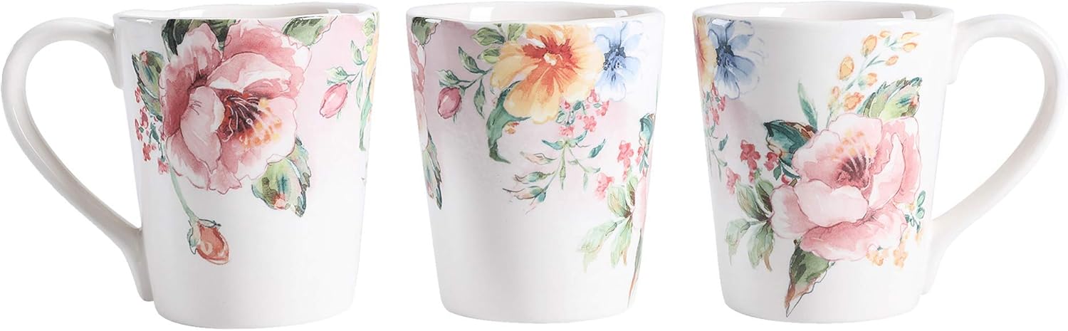 Bico Margret's Garden Ceramic 16 pcs Dinnerware Set, Service for 4, Inclusive of 11 inch Dinner Plates, 8.75 inch Salad Plates, 24oz Cereal Bowls and Mugs, for Party, Microwave & Dishwasher Safe