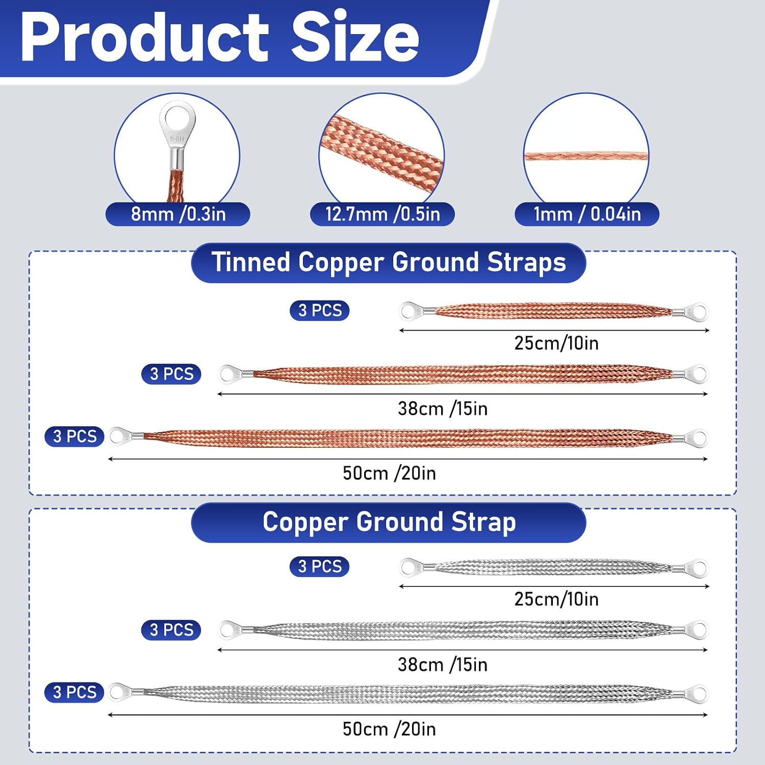 18 Pcs Ground Straps, 10/15/20 Inch Engine Universal Automotive Ground Strap Kit with Ring Terminals Braided Copper Tinned Copper Engine Grounding Cable Straps for Most Cars