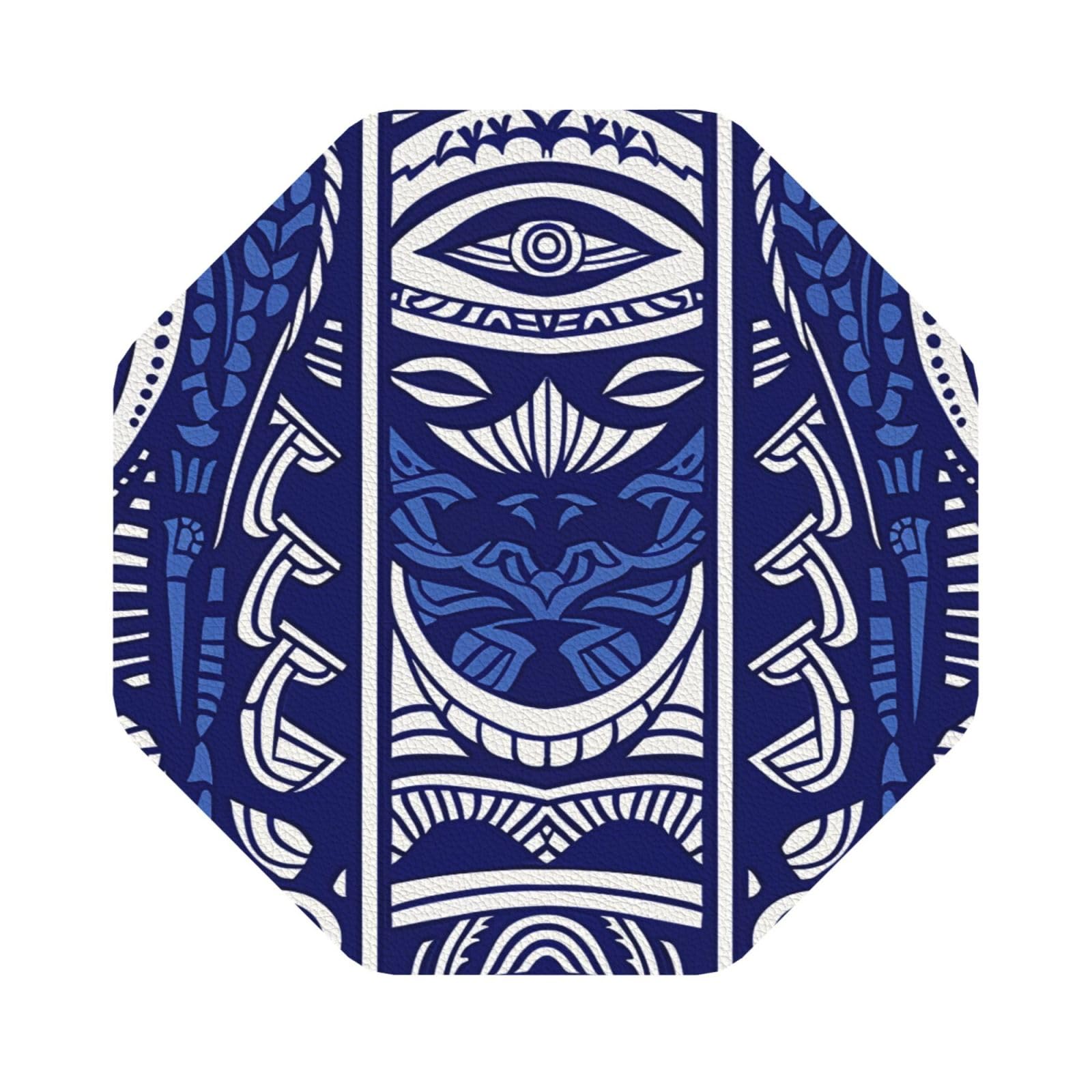 Blue Polynesian Maori Tribal Pattern Print Leather Coaster Set of 6, Octagon Coasters Table Decorative Coffee Cup Beverage Coasters Wine Beer Bar Coasters for Hot Drinks Table Protection