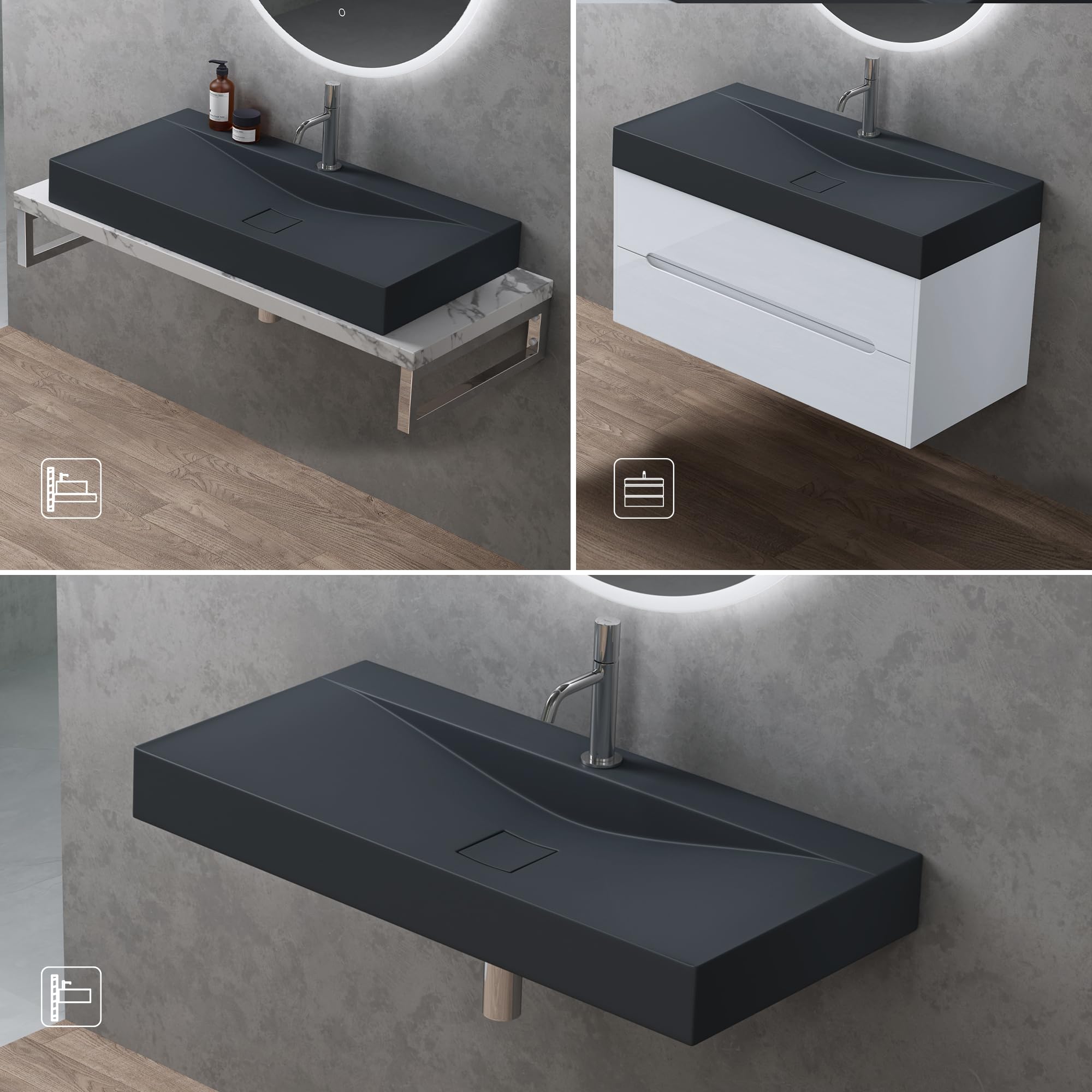 doporro 100x48x10cm Lavabo sobre encimera antracita mate Colossum810-1000 de fundición mineral lavabo suspendido de mármol