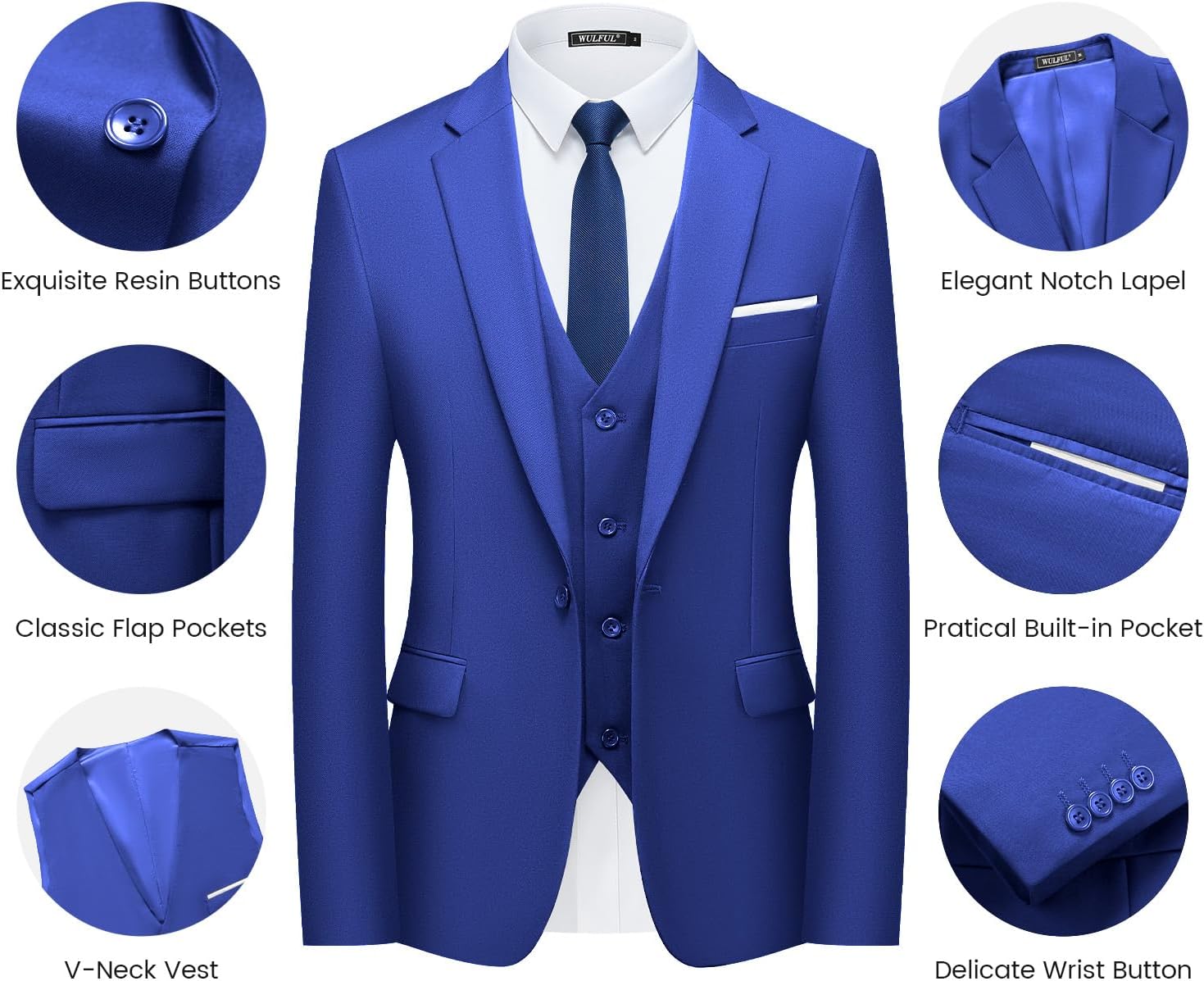 WULFUL Men’s Slim Fit Suit One Button 3-Piece Blazer Dress Business Wedding... - Picture 68 of 257
