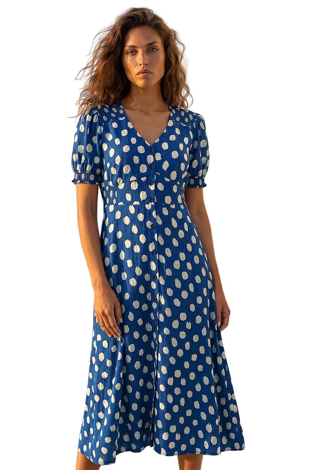 Roman Originals Women's Spot Navy Swing Tea Dress Uk Skater Midi A Line Fit & Flare Summer Casual Smart Cocktail Party Going Out Work Cruise Button Through Long Pocket - Size 12