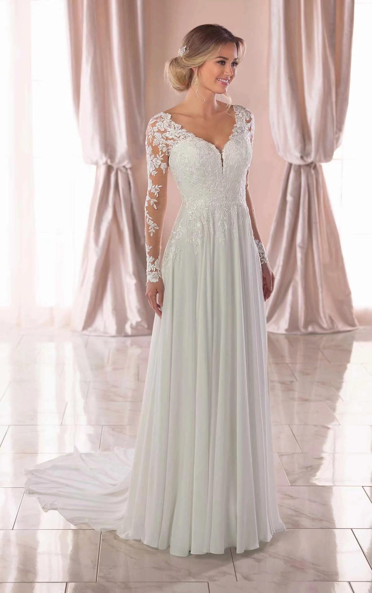HUINI Damen Brautkleid mit Ärmel Boho Lang Spitzen Hochzeitskleid Standesamt A-Linie Strand Brautmode Kleid