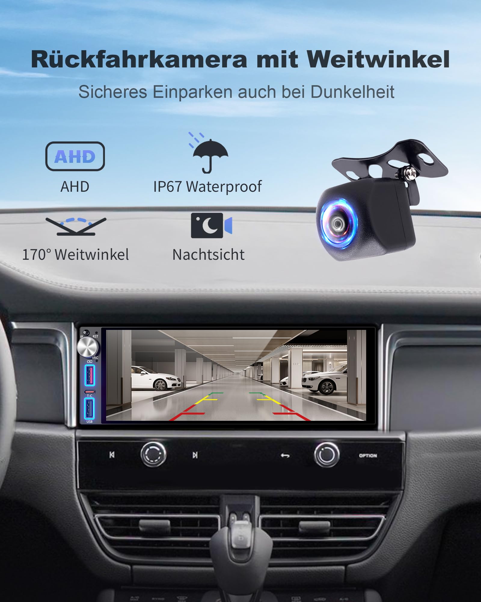 DAB/DAB+ 6,8 Zoll 1 DIN HD Autoradio mit Drahtlosem CarPlay & Android Auto, Type-C Schnellladung, DSP, Voice Control, AHD Rückfahrkamera &Mikrofonunterstützung, Bluetooth 5.2, AM/FM/RDS, AUX, SWC