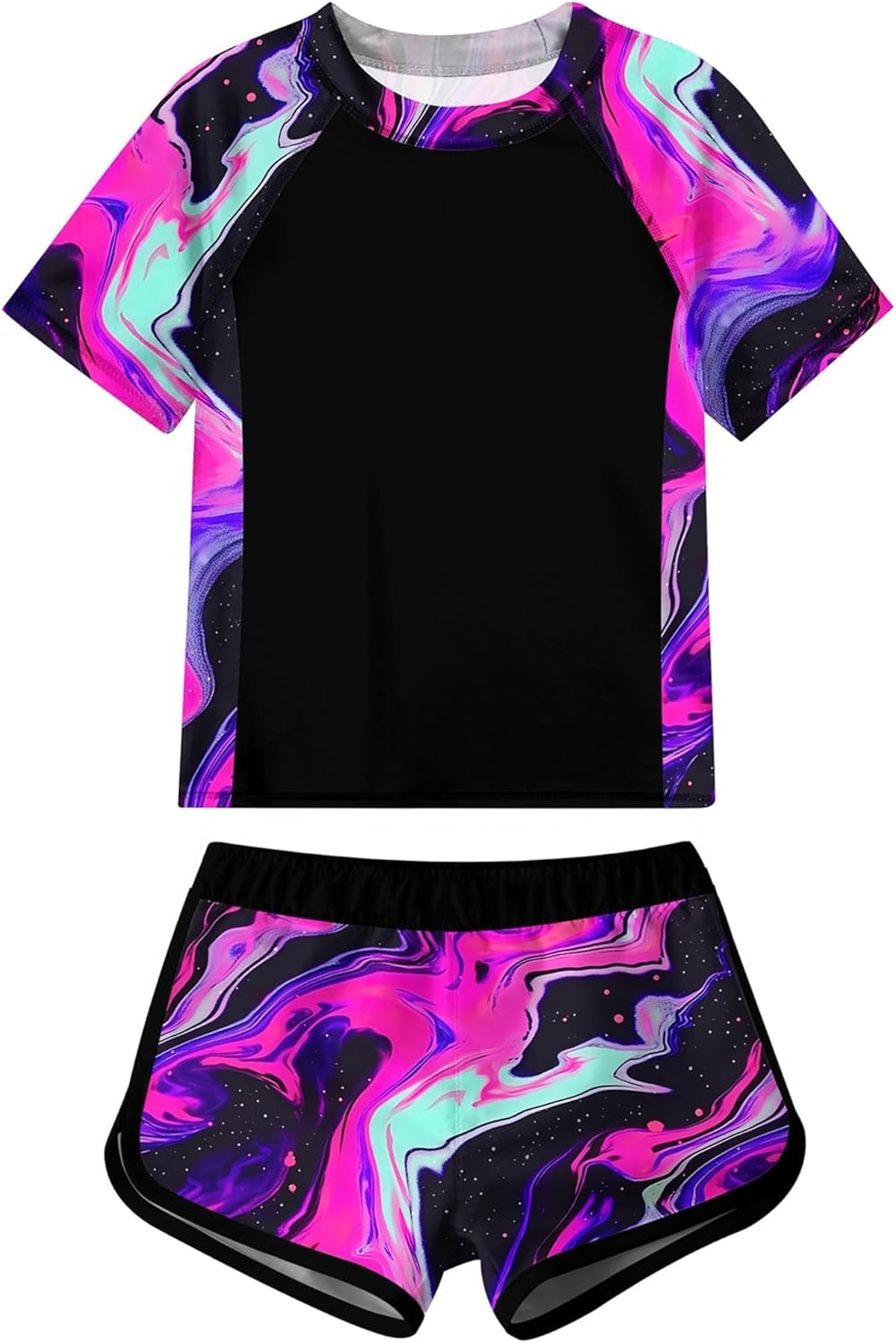 Idgreatim Girls Rashguard Swimsuit 2 Piece Short Sleeve Bathing Suit UPF 50+ Sun Proction Swimwear Size 8-16T