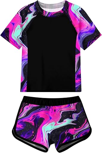 Idgreatim Girls Rashguard Swimsuit 2 Piece Short Sleeve Bathing Suit UPF 50+ Sun Proction Swimwear Size 8-16T
