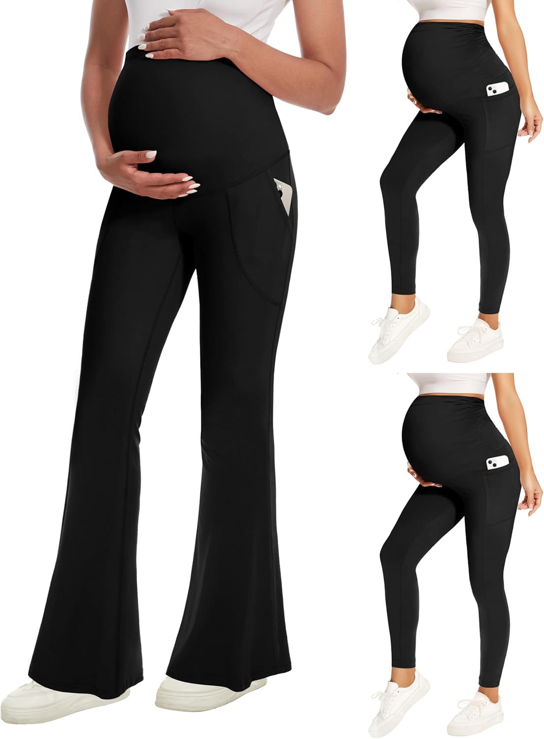 Fotociti 2 Pack Maternity Leggings and Flare Leggings with Pockets Over The Belly,Womens Pregnancy Workout Yoga Active Soft Tights Pants