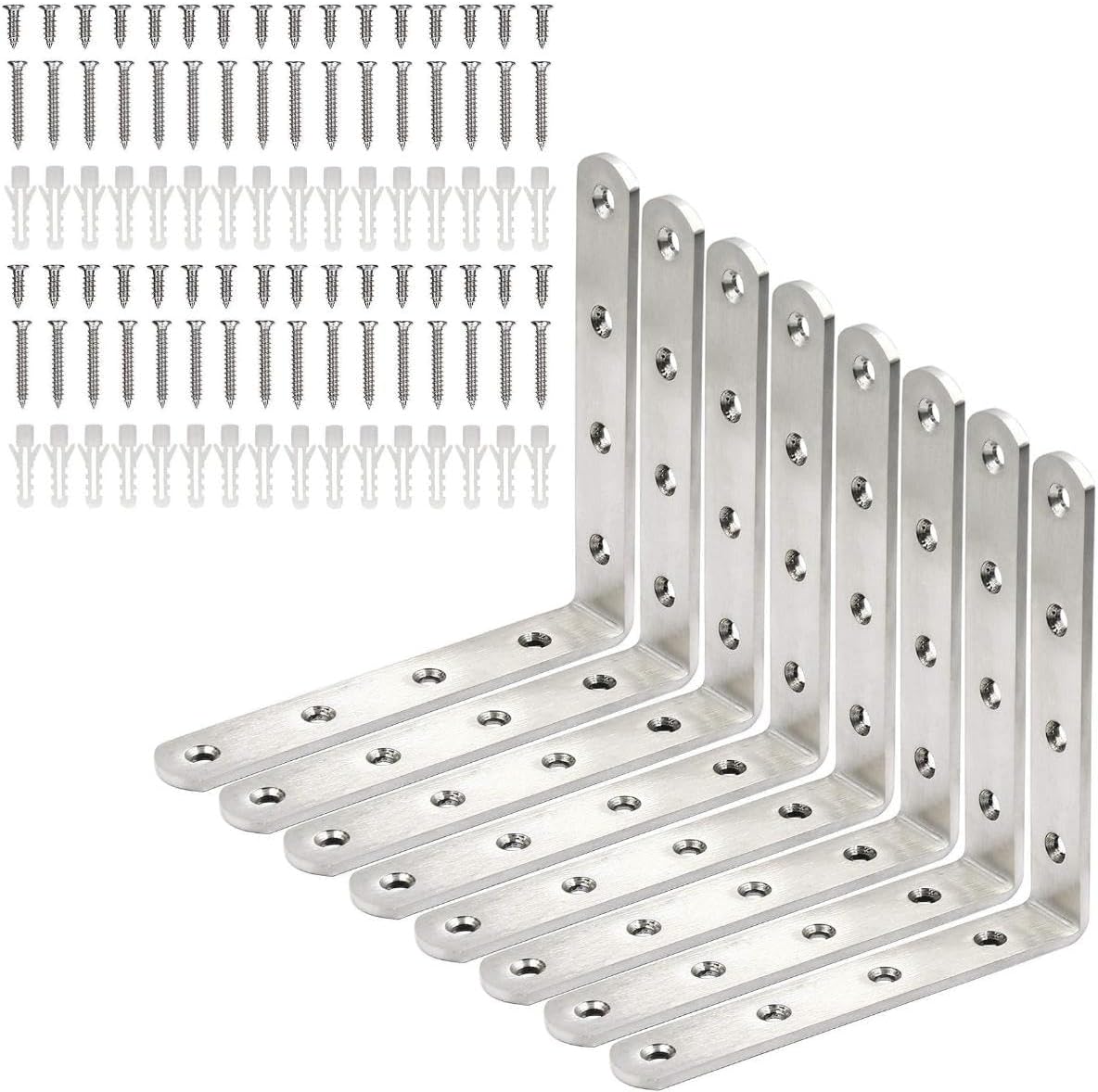 Stainless Steel Corner Bracket - 8 PCS Heavy Duty Right Angle Brackets for Wood Furniture and Metal Joints -6 x6 Inch - with Screw