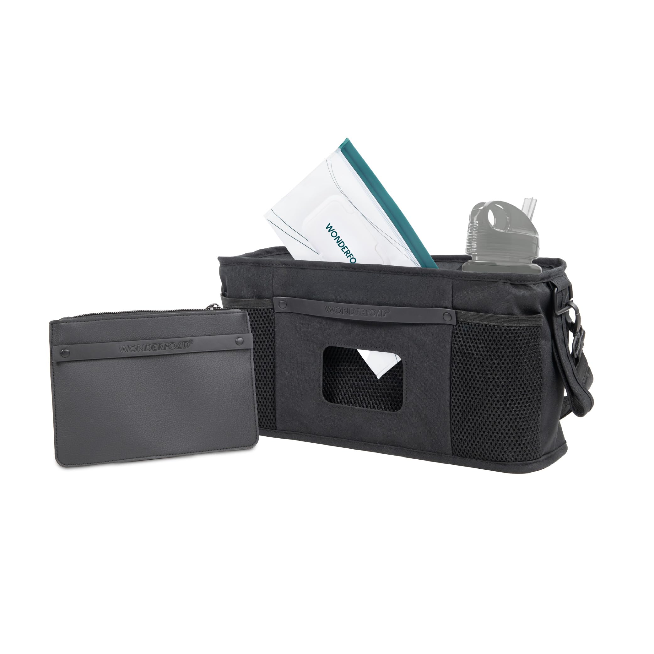 WONDERFOLD Universal Parent Console Stroller Organizer with Insulated Cup Holders, Hook &amp; Loop Closure Handle Attachment, 2 Storage Pockets, Removable Shoulder Strap for Easy Transport