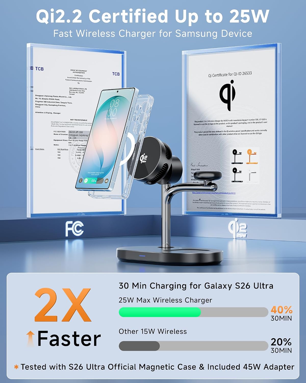 Qi2.2 25W Magnetic Wireless Charging Station for Samsung TEC Active Cooling | For Galaxy Z Fold 8/Z Fold 8 Ultra/S26 Ultra/iPhone17, 3-in-1 Fast Charger Stand for MagSafe (Not for Watch 9/Ultra 2) thumbnail