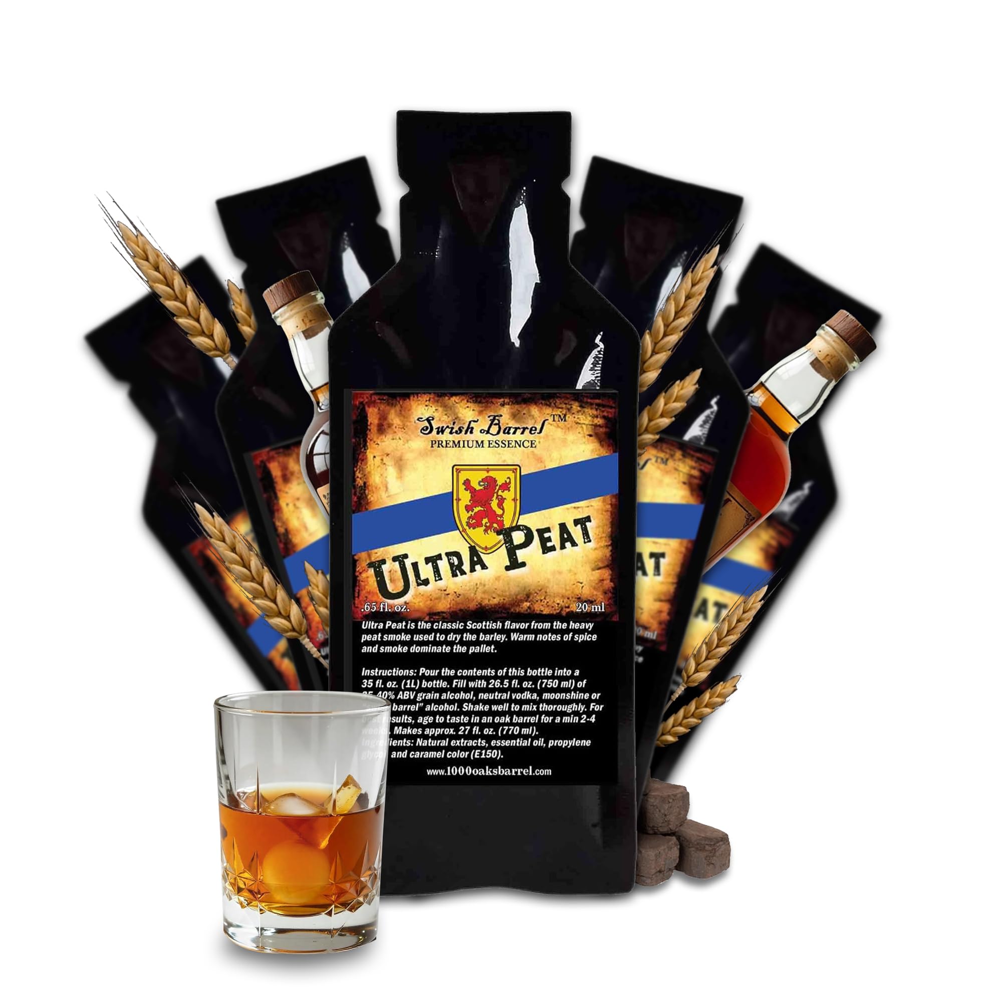 Ultra Peat Whisky Essence Flavoring (5 Pack) Liquor Flavor Refill Packets for Bootleg Kits & Barrel Aging, Swish Barrel Extract for Cocktails, Mixology & Moonshine Distilling, 5 x 20ml (.65oz)