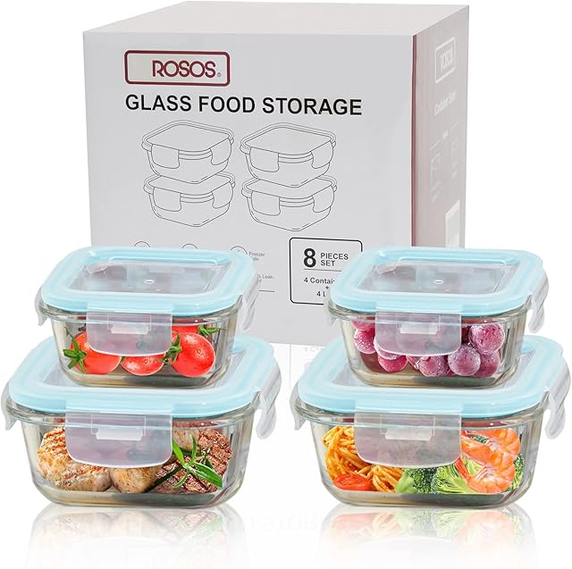 ROSOS Glass Food Storage Containers with Airtight Lids, 100% Leak Proof Glass Containers with Lids, Not Easy Broken & BPA Free, Glass Food Containers with Lids for Freezer to Oven Safe, 4 Pack, Blue