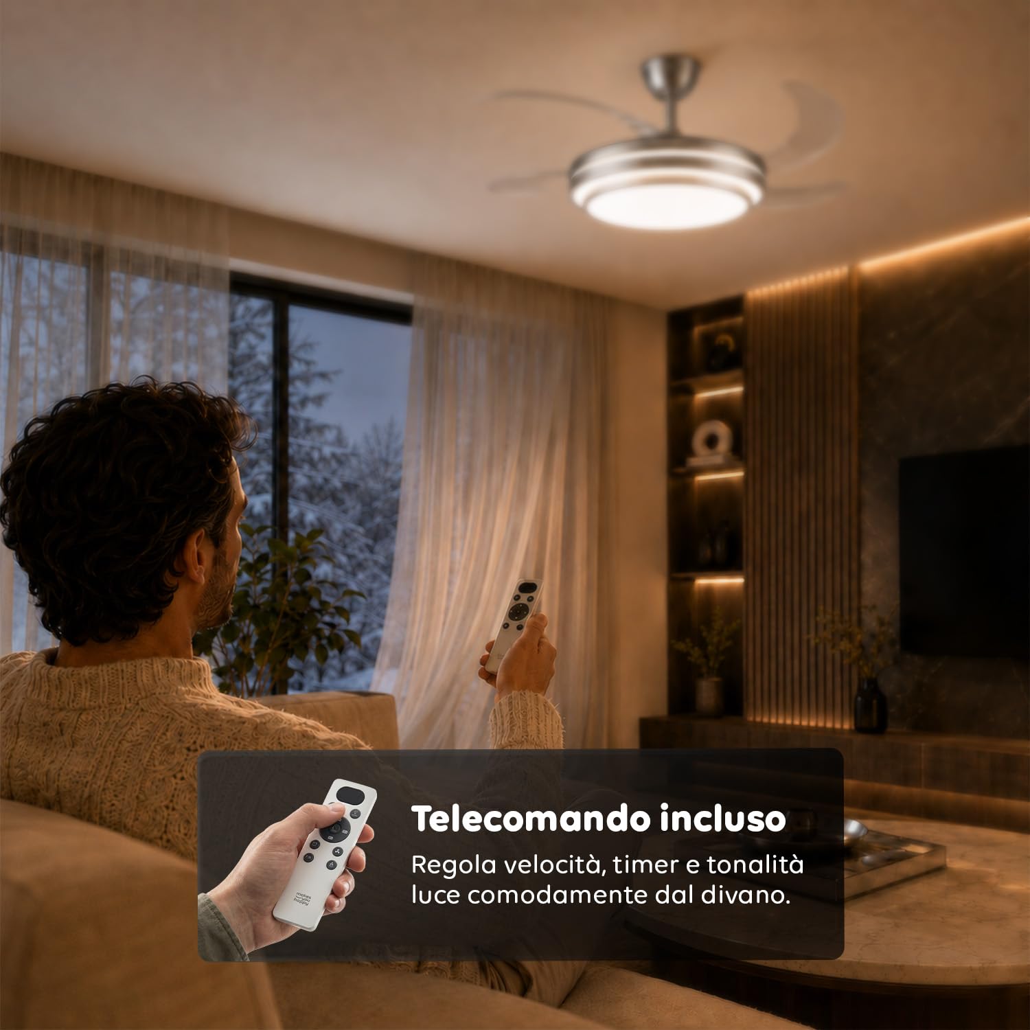 Avilia - Ventilatore da Soffitto con Pale Retrattili - Diametro 106 cm in Ferro/ABS - LED 72W Dimmerabile 3 Tonalità di Luce Integrata Calda Naturale e Fredda - 6 Velocità, Telecomando e Timer 2h