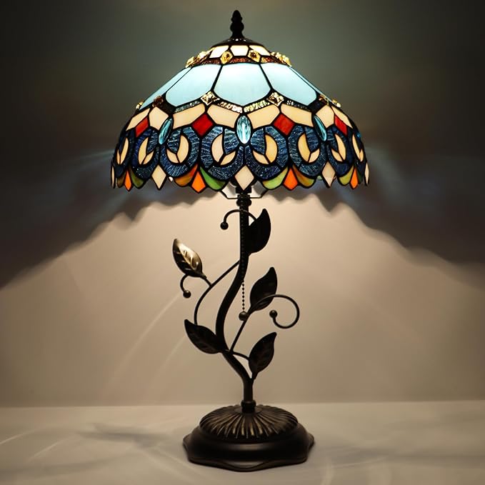 Tiffany Table Lamp, Stained Glass Desk Light, W12H19 Inch, Metal Leaf Base (Sapphire Style)