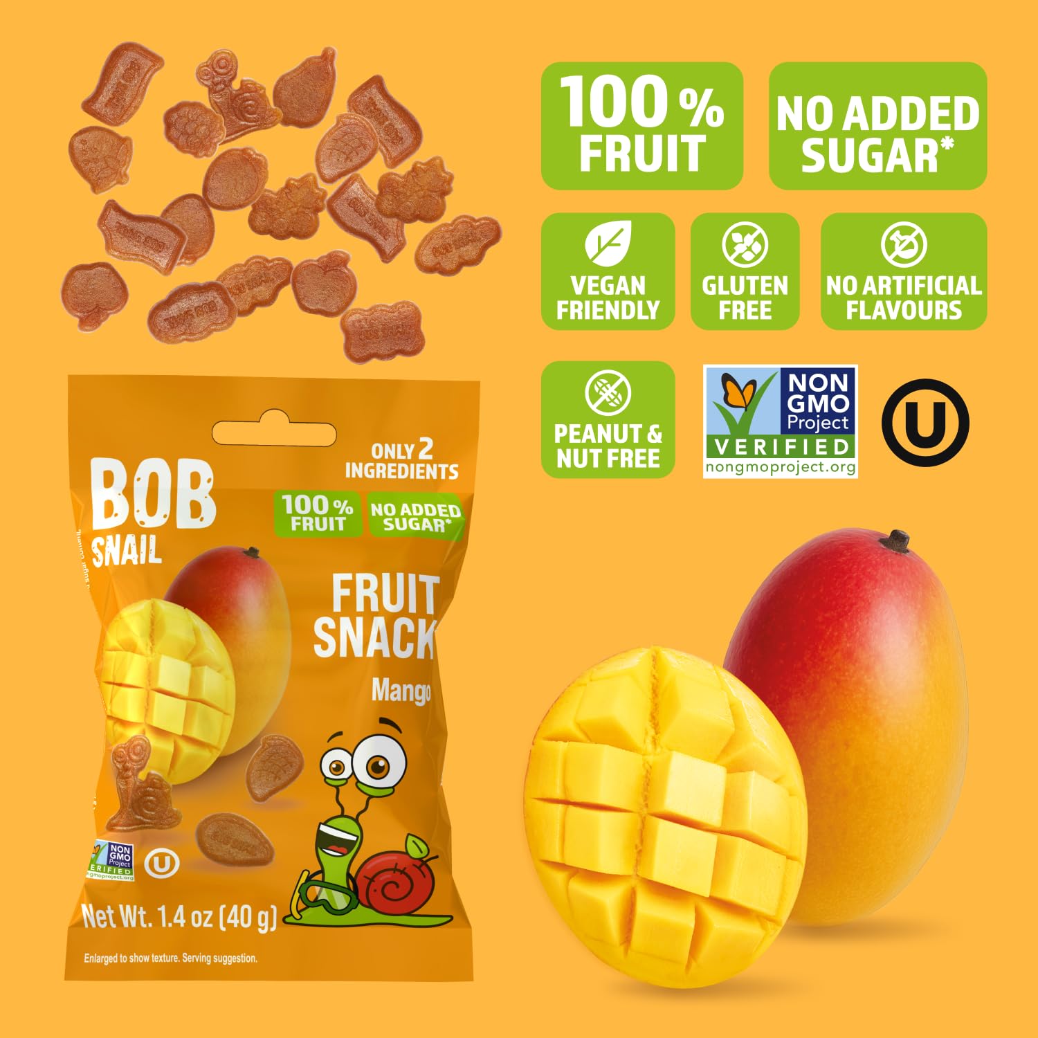 Bob Snail Fruit Gummy Bites – Mango Flavor, 12-Pack (480g), Real Fruit Snacks with No Added Sugar, Vegan & Gluten-Free Mini Bites for Kids & Adults