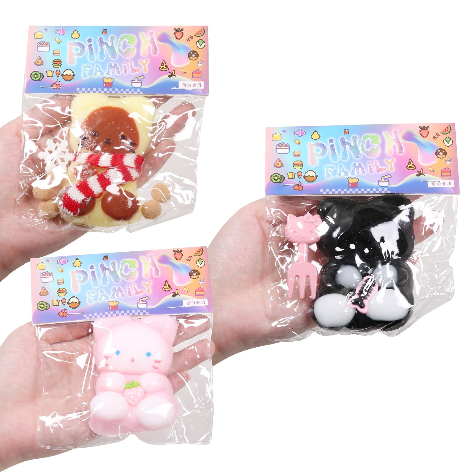 3pcs Squishy Cat Squeeze Toys, Squeeze cat Kawaii Sticky Squishies Stress Relief Squishies for Kids Party Favors, Pinch Family Fidget Toys Squishy