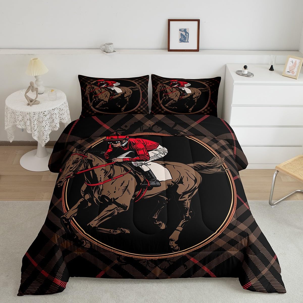 Horse Riding Sports Game Comforter Set Queen Size Hand Painted Horse Rider Silhouette Bedding Set for Living Room Couch Decor Colorful Graffiti Soft Chic Quilted Duvet with 2 Pillowcases