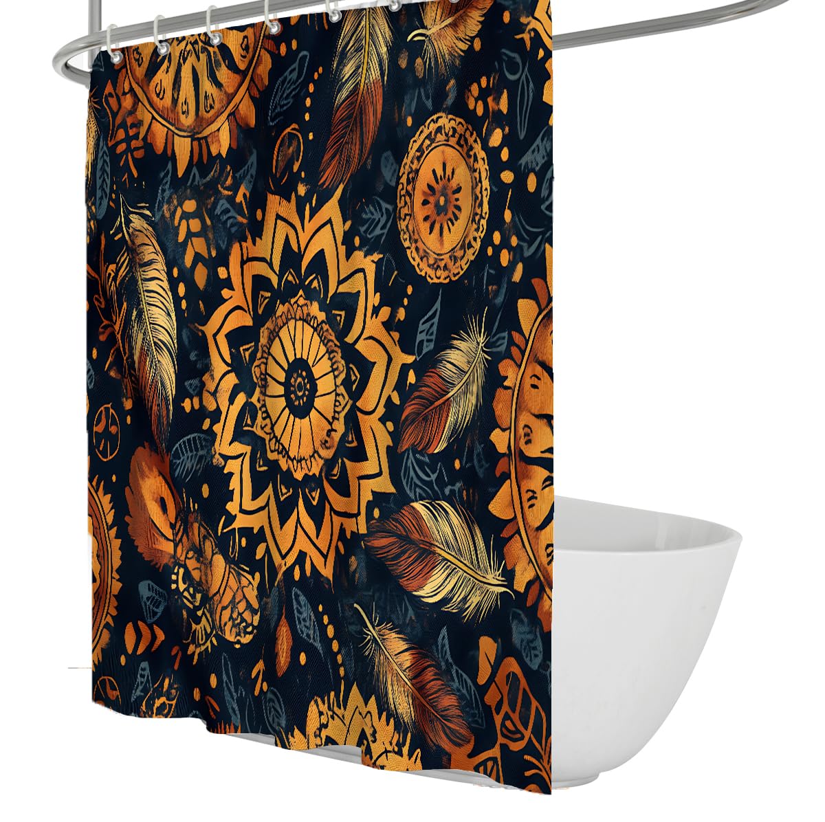 UERWOWELL Luxury Boho Shower Curtain Feathers and Mystical Vintage Florals Bathroom Curtains Exotic Bathtub Decor Polyester Fabric Extra Long W150xL180 cm