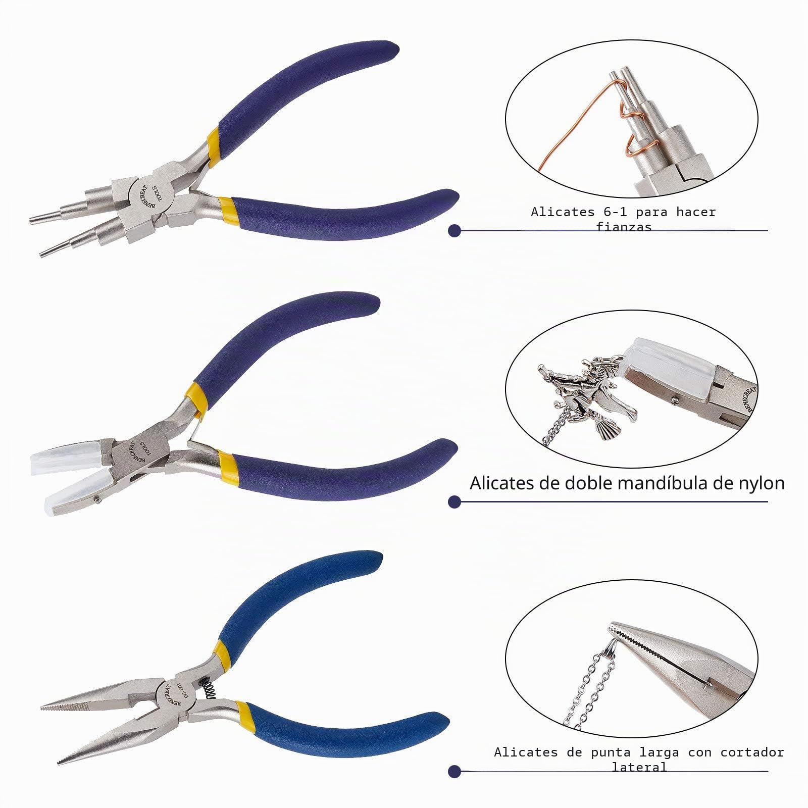 BENECREAT 3 Piezas Alicates para Joyería, 6 en 1 Alicate para Hacer Bucles, Alicates Dobles para Joyería de Nailon y Alicate con Punta de Cadena para Fabricación de Bisutería